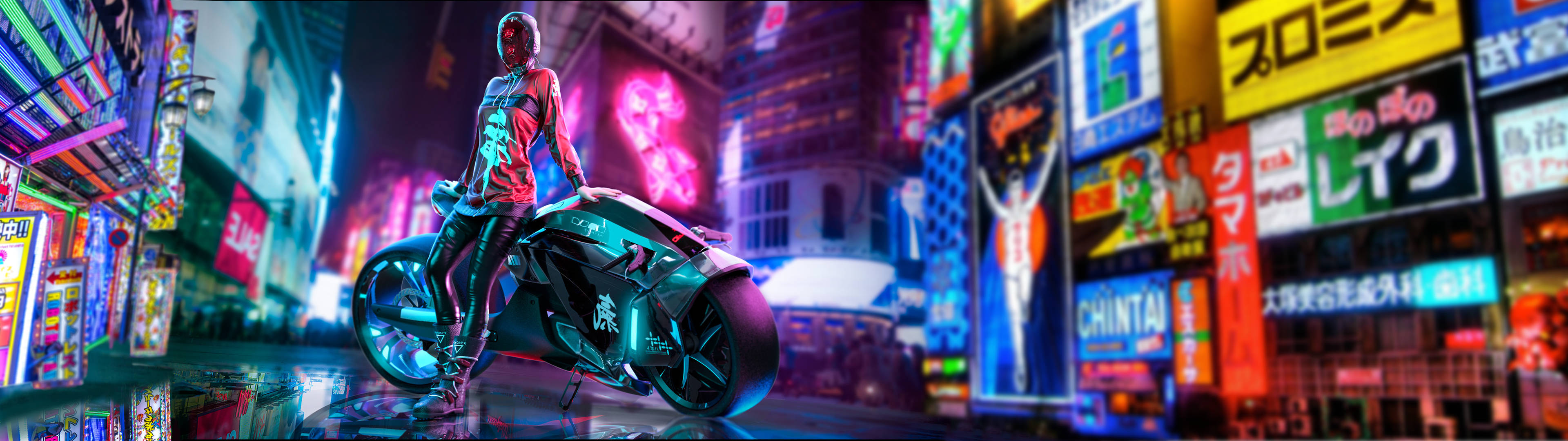 Gaming Dual Screen 桌布 壁紙 — 一個騎著發光摩托車的賽博龐克騎士在夜晚霓虹燈閃爍的東京街頭稍作停留。