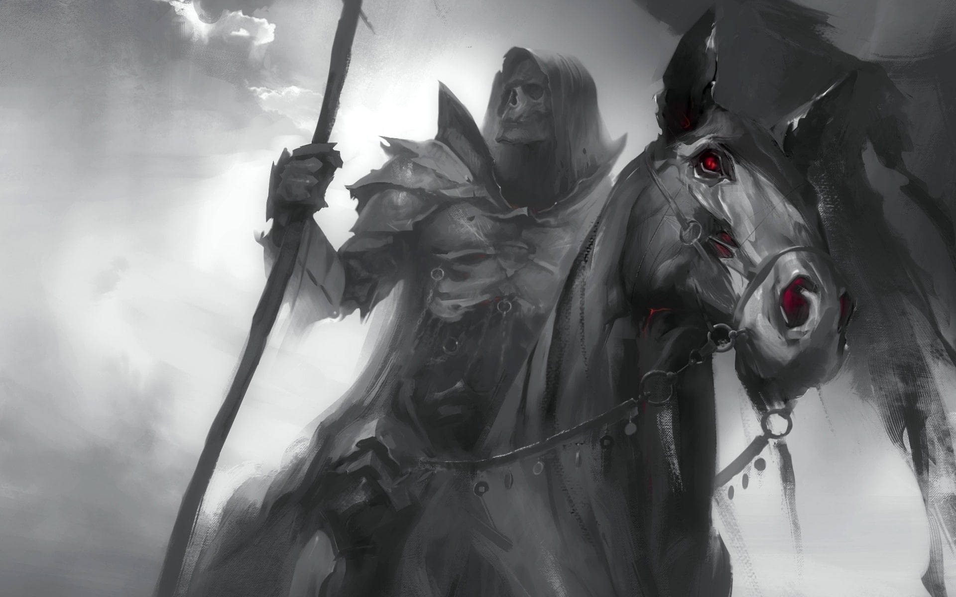 Death Knight 桌布 壁紙 — 一個騎著骷髏馬、眼睛發出紅光的死神，在風暴般的灰色天空中奔馳。