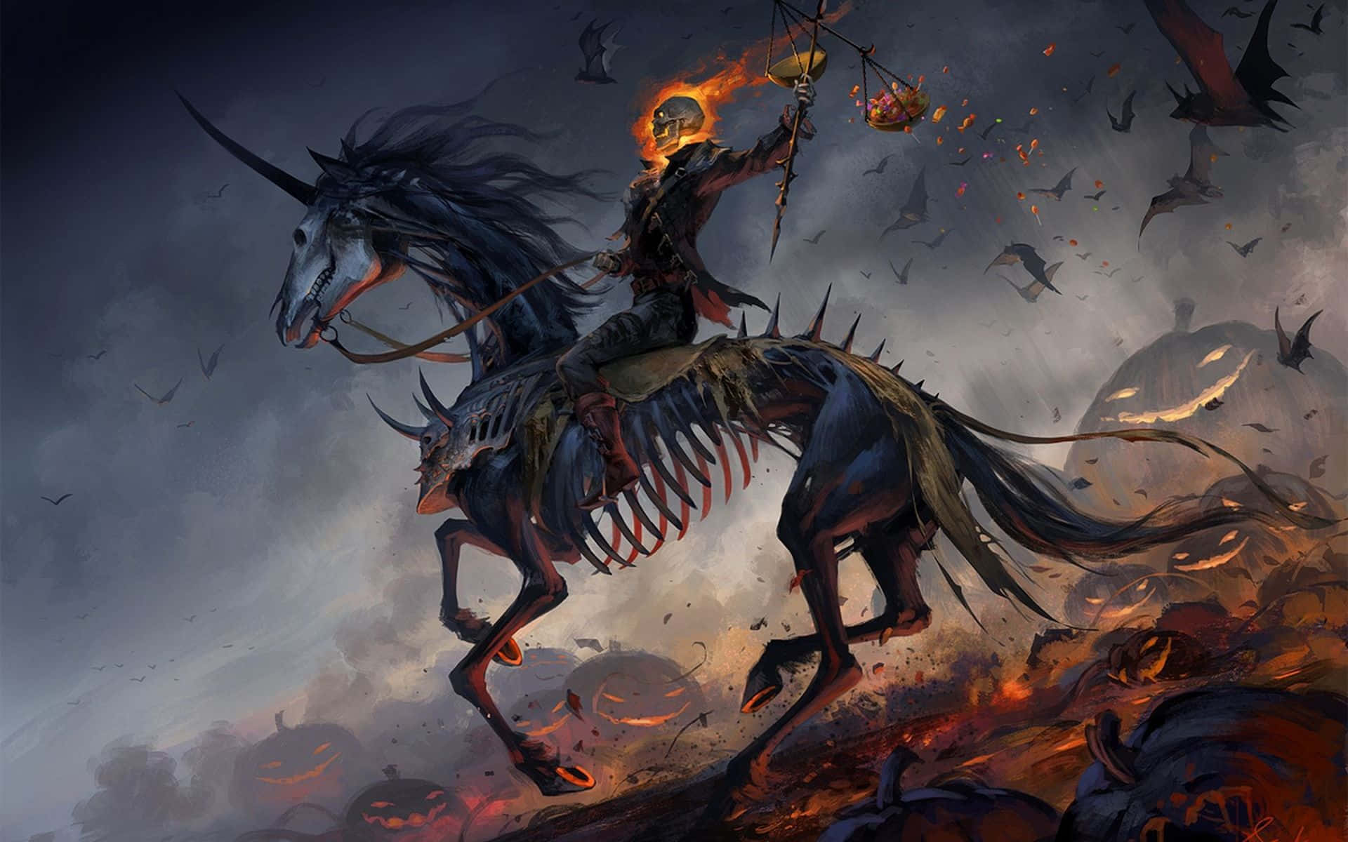 Halloween Skeleton 桌布 壁紙 — 一個騎著黑暗有角馬的骷髏騎士，頭顱燃燒，在充滿蝙蝠和發光南瓜燈的暴風雨中奔馳。