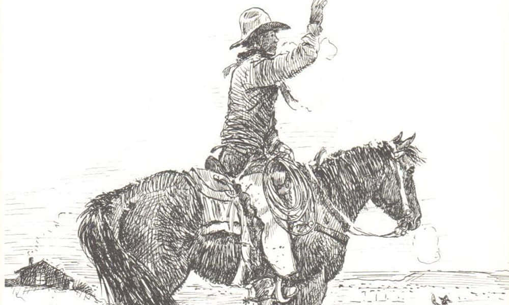 Cowboy Christmas 桌布 壁紙 — 一個騎馬的牛仔在荒涼的沙漠背景下揮手告別，遠方有一座孤獨的小屋。