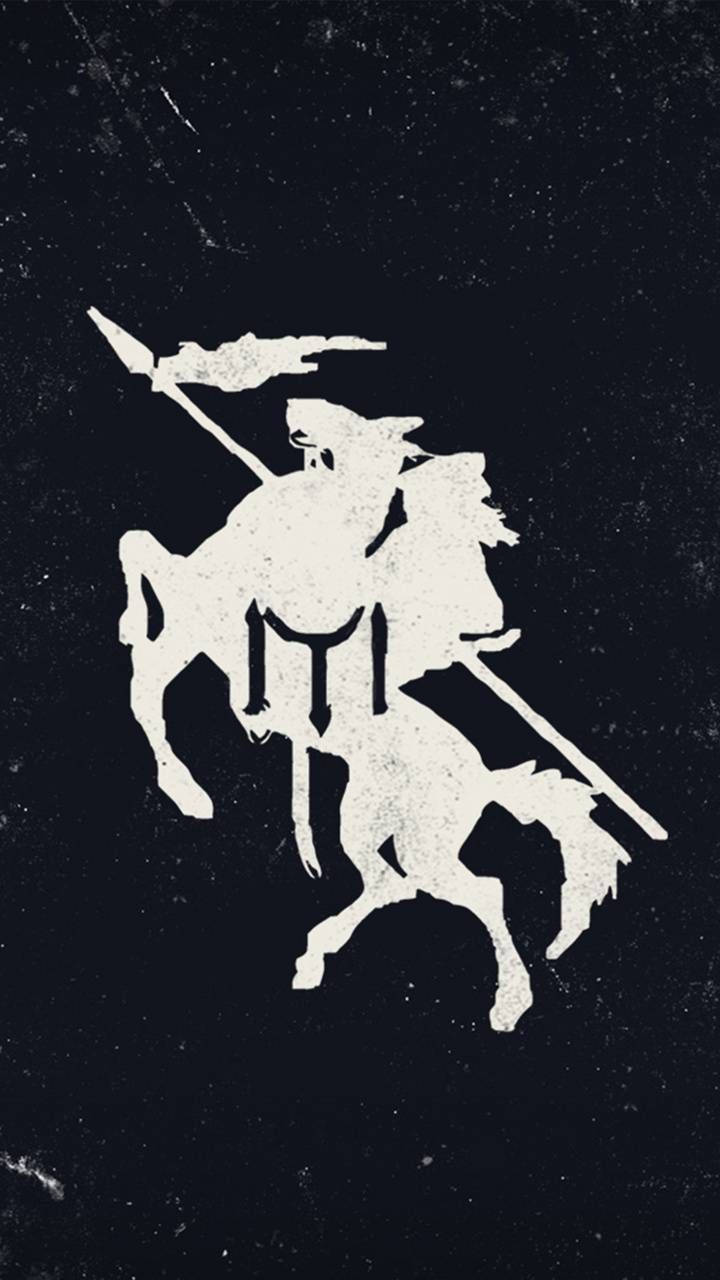 白色剪影，騎士騎在馬上，手持長矛，背景為深色紋理。 — 馬 壁紙
