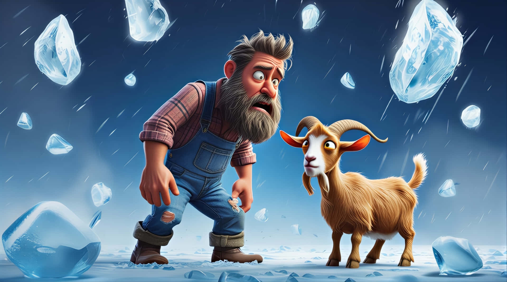 Surprised Bearded Man and Goat in a Frozen Fantasy Scene 壁紙 — 一個驚嚇的鬍鬚男穿著工裝褲和一隻山羊站在深藍色天空下，漂浮著巨大冰晶的暴風雪中。