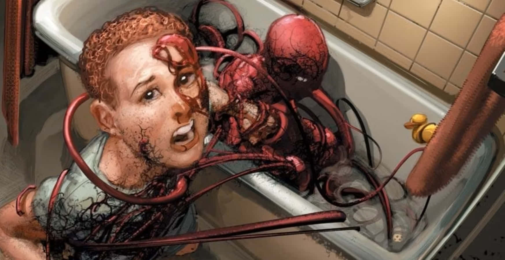 Carnage USA 桌布 壁紙 — 一個驚恐的人在浴缸裡被一隻觸手的怪異紅色外星生物襲擊。