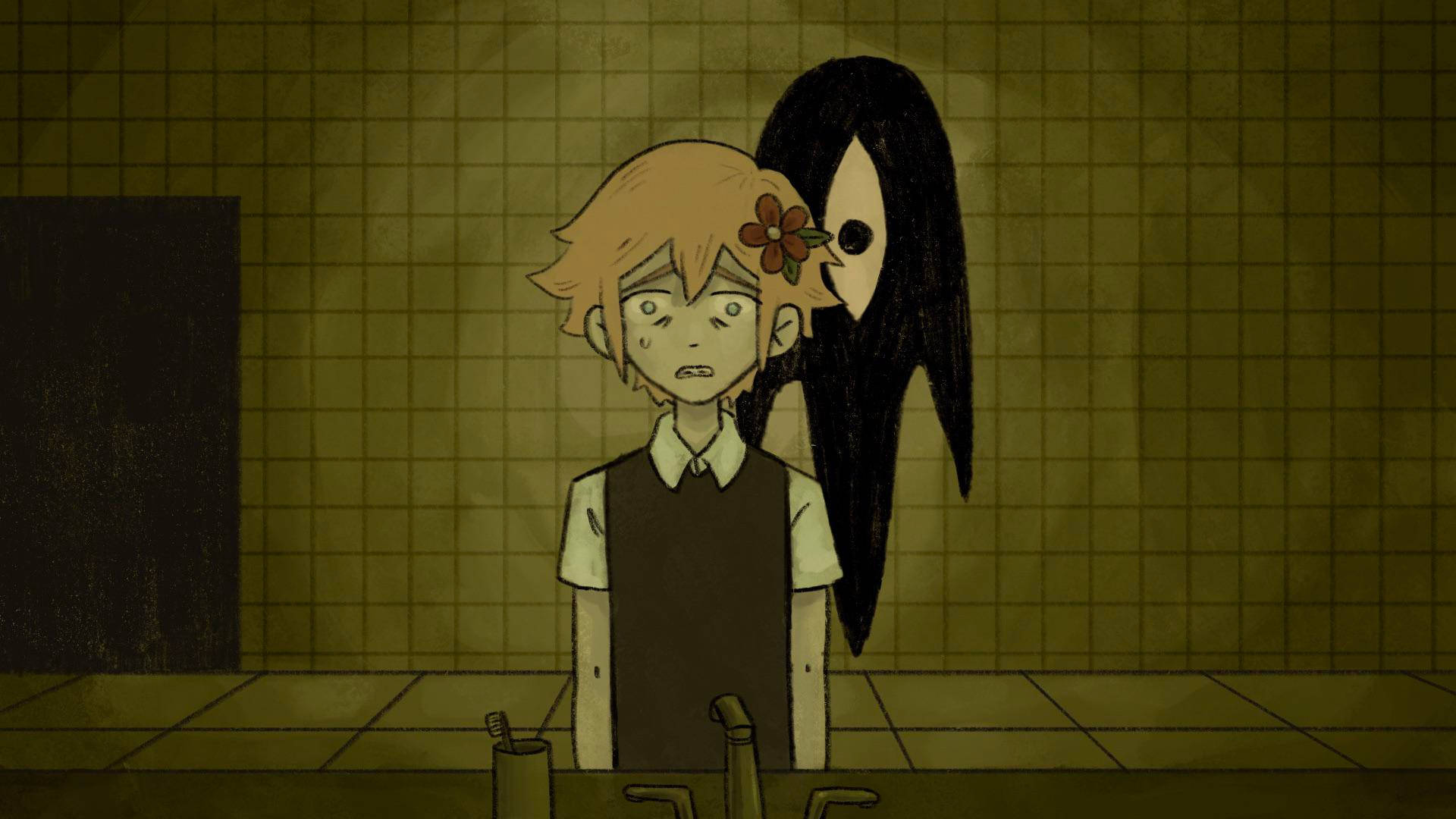 omori 桌布 壁紙 — 一個驚恐的動漫男孩，頭髮上插著一朵花，站在瓷磚浴室裡，一個長著黑色長髮的陰影人物在他身後隱現。