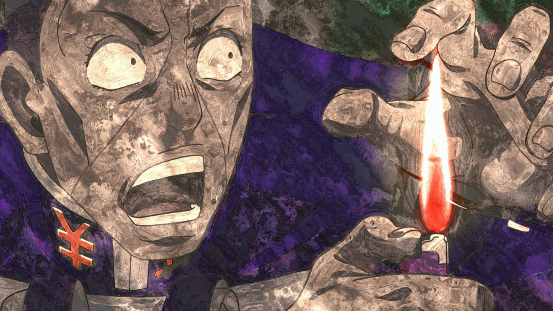 Okuyasu Nijimura 桌布 壁紙 — 一個驚恐的動漫角色，睜大眼睛、張開嘴巴，在深紫色背景前拿著一支點燃的香煙。
