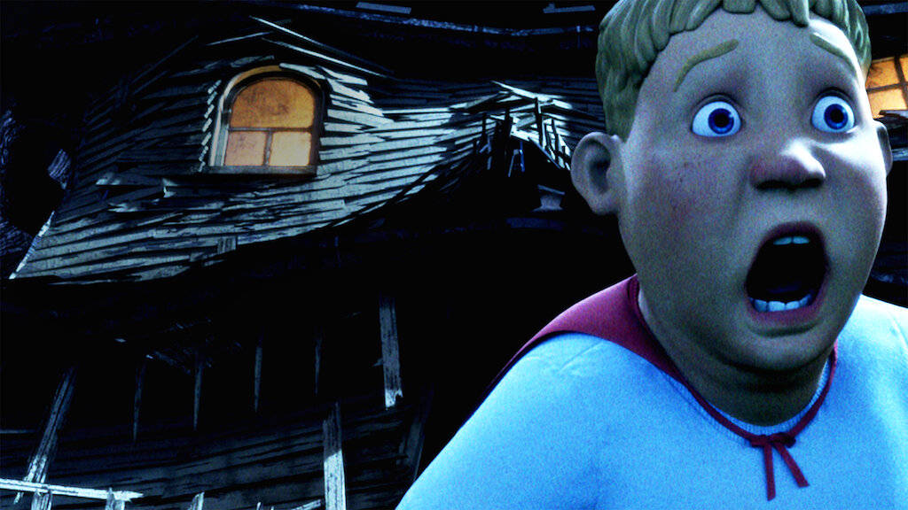 Monster House 桌布 壁紙 — 一個驚恐的動畫男孩震驚地盯著一個只有一扇發光窗戶的黑暗恐怖房子。