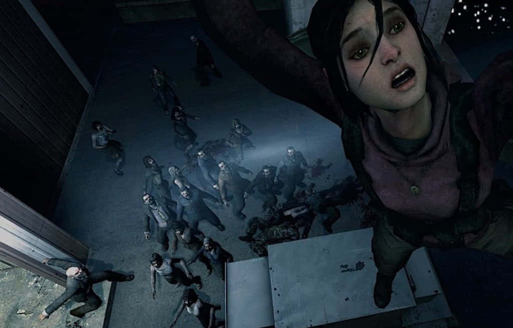 Left 4 Dead Characters 桌布 壁紙 — 一個驚恐的女人低頭看著一群殭屍在昏暗的工業空間中蜂擁而至。