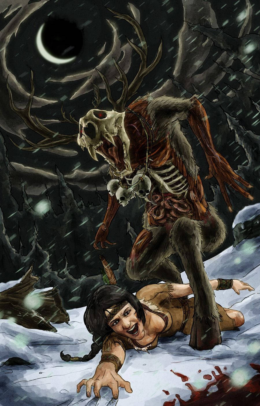 Wendigo 桌布 壁紙 — 一個驚恐的女人在雪地中爬行，一隻骷髏鹿怪在彎月下籠罩著她。
