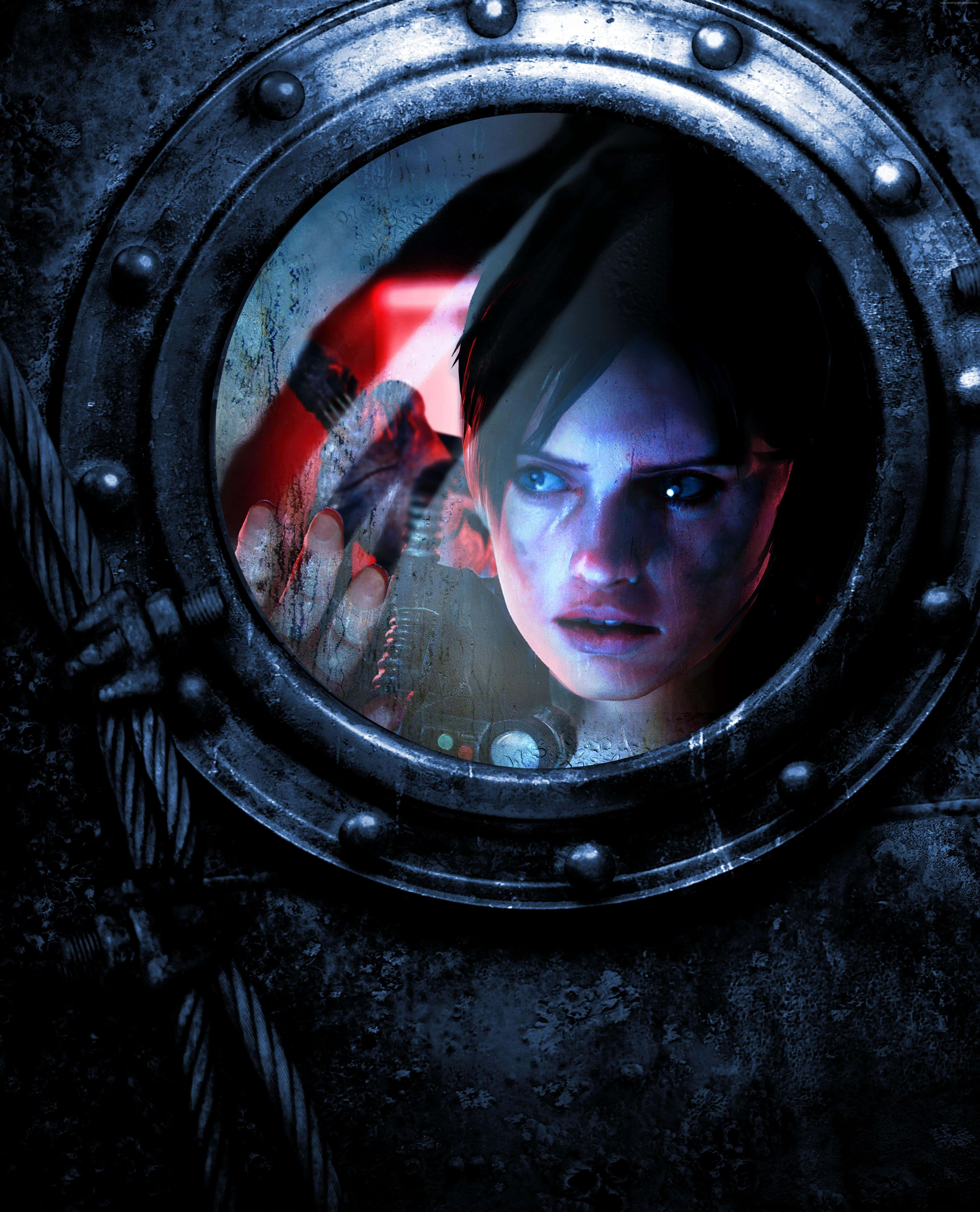 Survival Games 桌布 壁紙 — 一個驚恐的女人透過生鏽的舷窗窺視，一隻巨大的紅色怪物從她身後撲來。