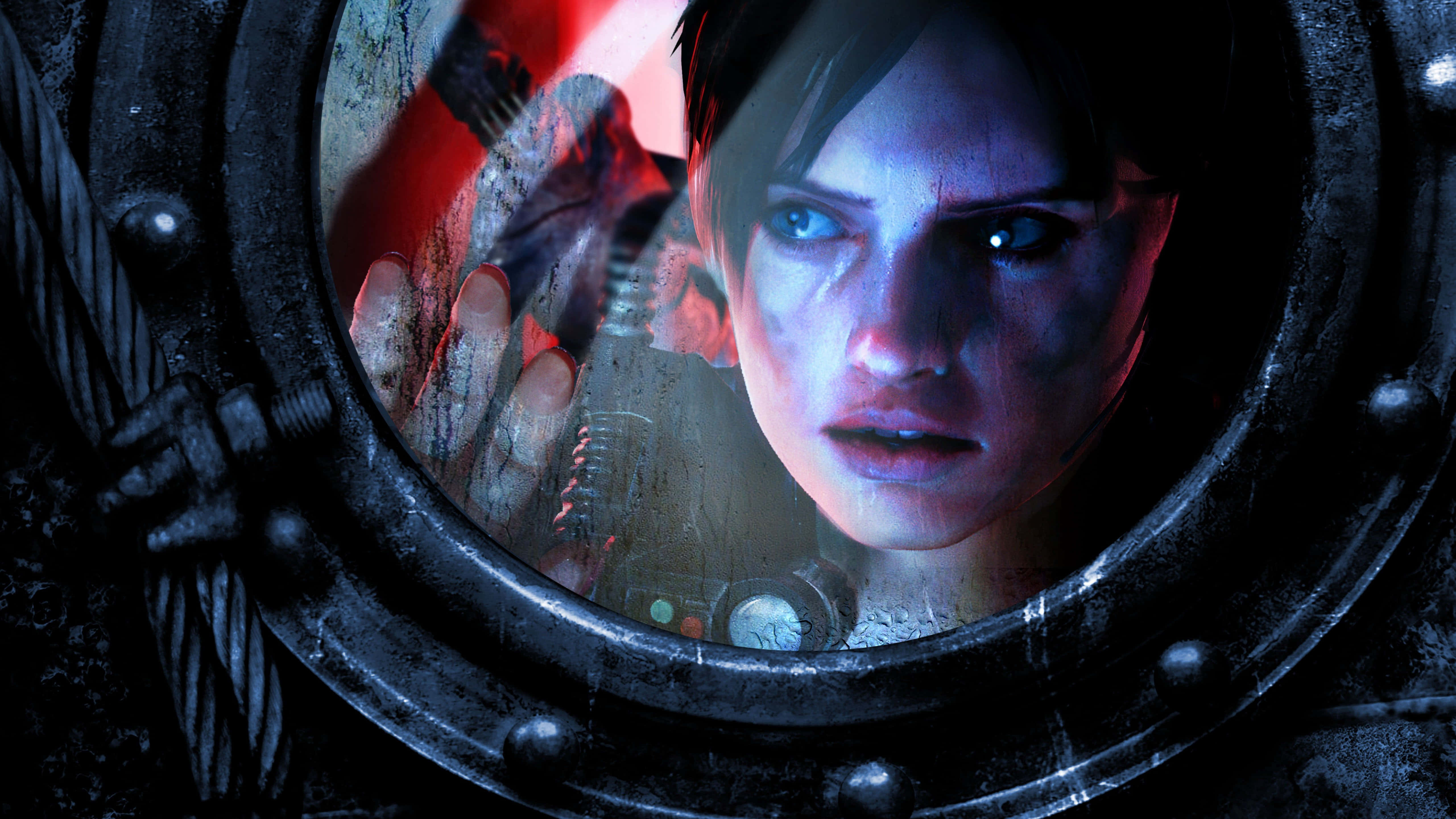 Resident Evil Revelations 2 桌布 壁紙 — 一個驚恐的女人透過生鏽的舷窗窺視，一個可怕的紅色身影在她身後陰森地出現，背景是黑暗的工業環境。