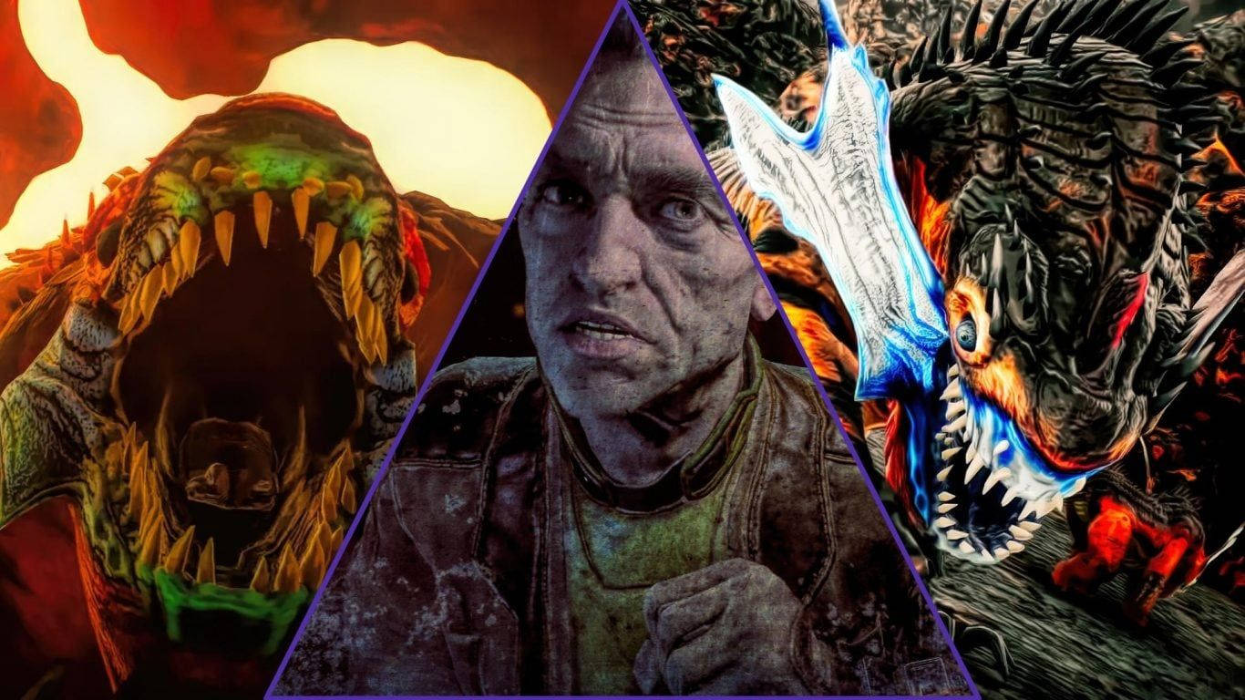The Outer Worlds 桌布 壁紙 — 一個驚恐的男人在熾熱的三角形構圖中面對兩個怪物。
