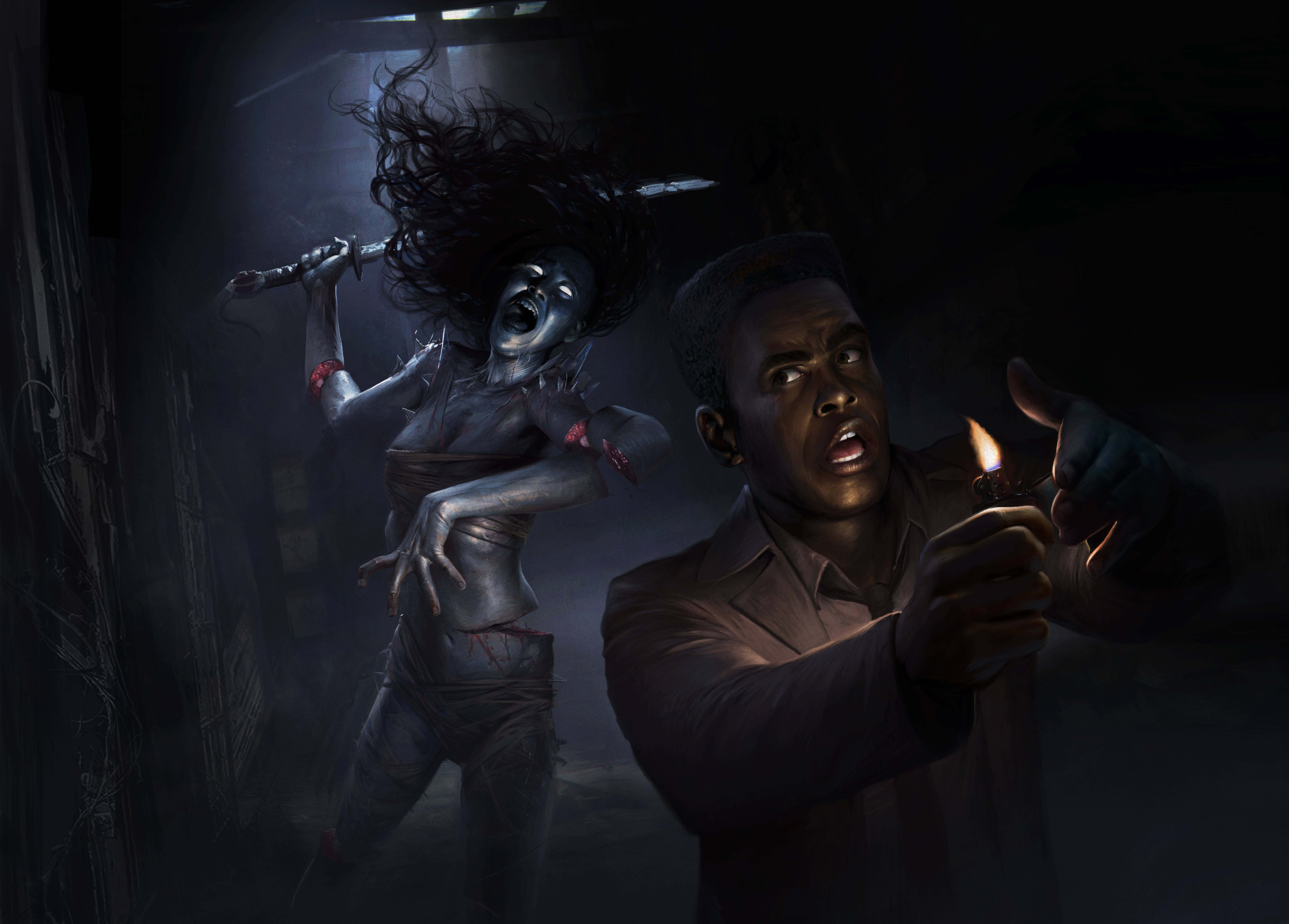 Dead By Daylight Killers 桌布 壁紙 — 一個驚恐的男人拿著點燃的打火機，一個蒼白幽靈般的女人拿著刀在黑暗煙霧瀰漫的房間裡向他撲來。