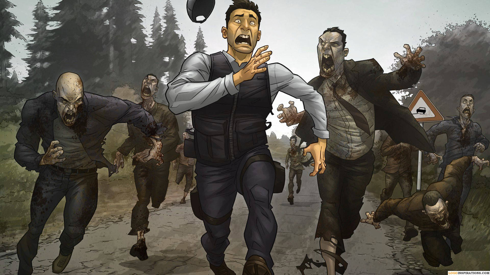 Zombie Apocalypse 桌布 壁紙 — 一個驚恐的男子在森林道路場景中逃離一群怪異的殭屍。
