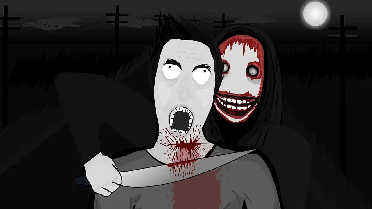 Jeff The Killer 桌布 壁紙 — 一個驚恐的男子在滿月下，於黑暗的鄉村環境中被一個血淋淋的蒙面殺手襲擊。