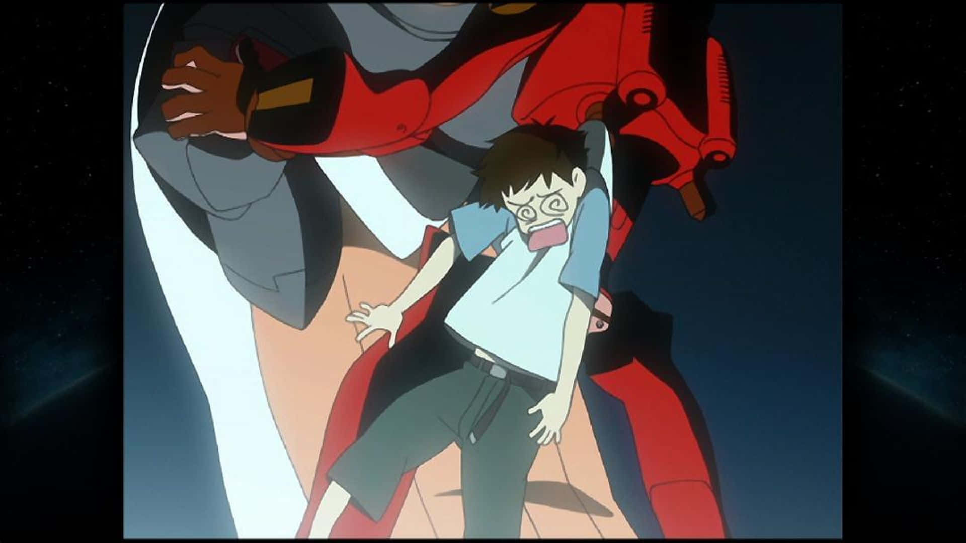 FLCL 桌布 壁紙 — 一個驚恐的男孩緊抓著一個巨大的紅白機甲，背景是星空。