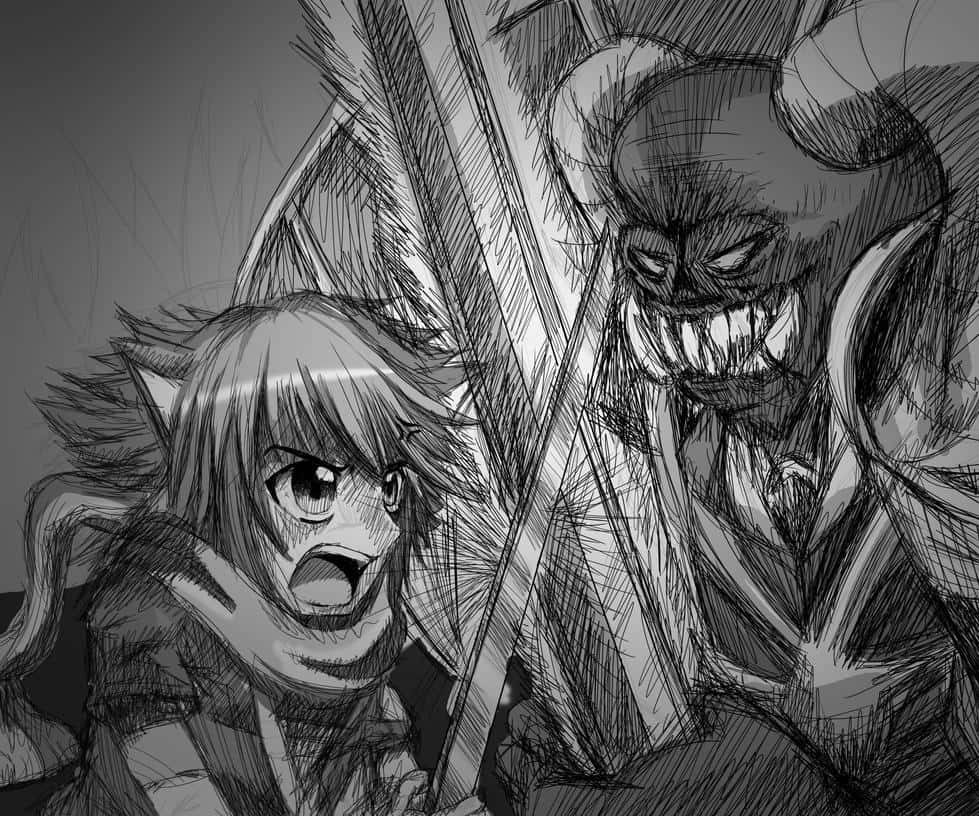 Demon Fighting 桌布 壁紙 — 一個驚恐的貓耳動漫女孩尖叫著，一個長角的怪物惡魔在粗糙的黑白素描中向她撲來。