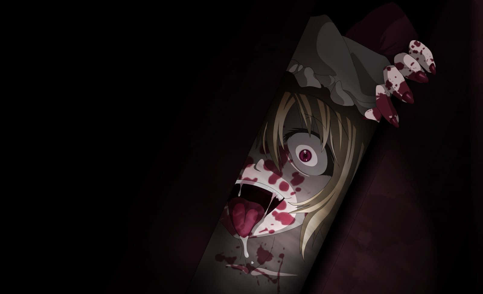 Horror Anime 桌布 壁紙 — 一個驚悚動漫風格的恐怖場景，一個血跡斑斑的金髮角色從棺材中伸出帶血的手，眼睛睜大，嘴巴張開，背景黑暗。