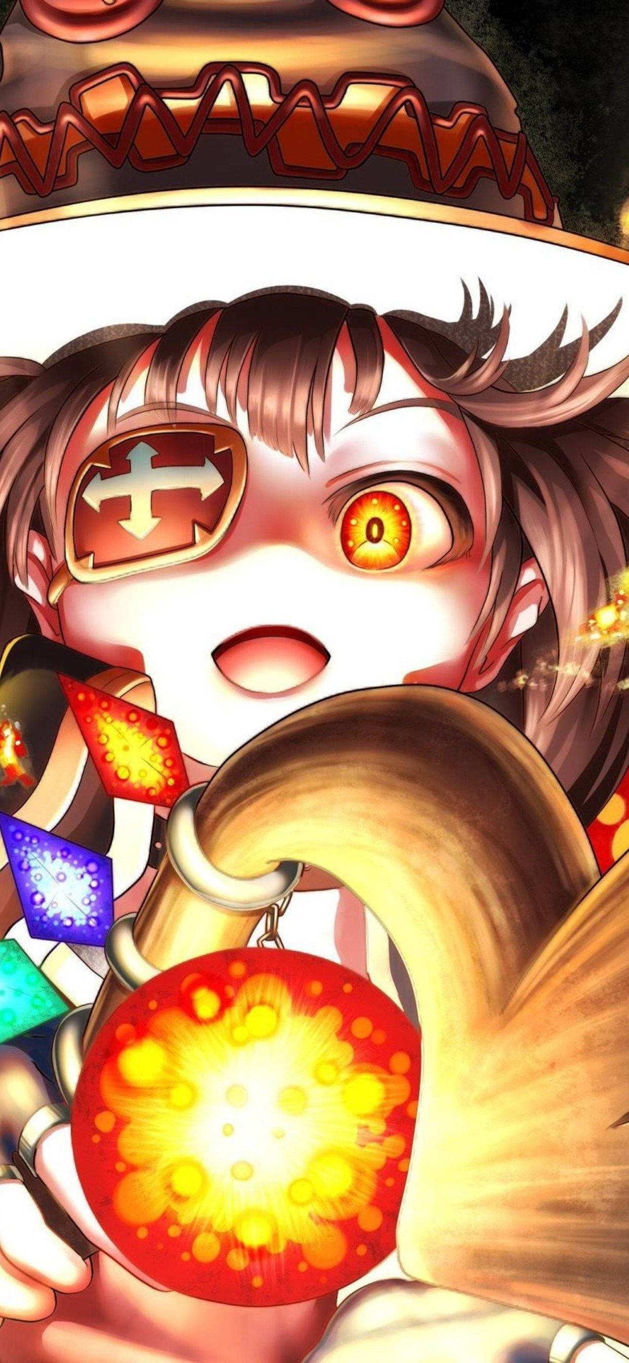 Megumin 桌布 壁紙 — 一個驚訝的動漫女孩，手持發光的紅色球體和彩色寶石，在溫暖的金色燈光下拿著一個大角。