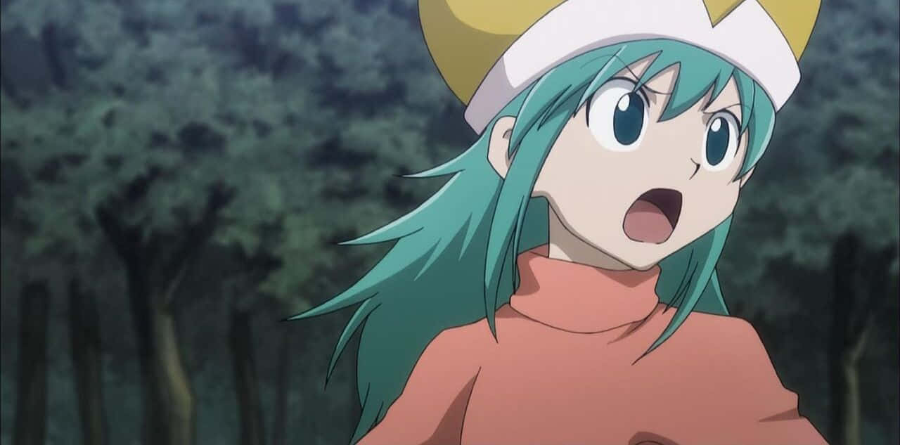 Hunter X Hunter Ponzu 桌布 壁紙 — 一個驚訝的動漫女孩，擁有藍綠色頭髮和黃色帽子，站在黑暗的森林中，張開嘴巴震驚不已。