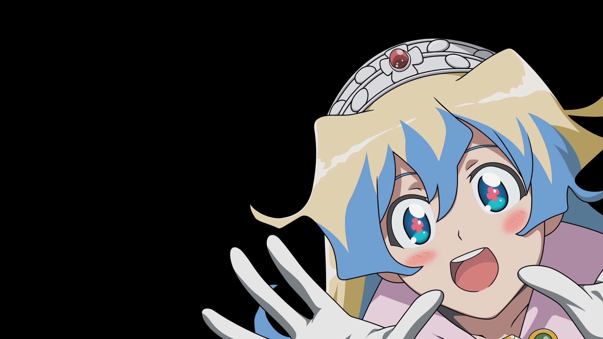Nia Teppelin 桌布 壁紙 — 一個驚訝的動漫女孩，擁有藍色和金色頭髮，戴著鑲有寶石的王冠，在黑色背景前揮手。