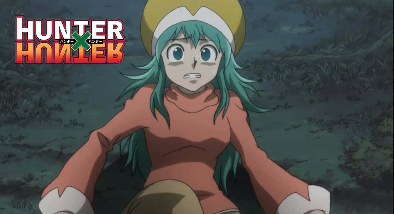 Hunter X Hunter Ponzu 桌布 壁紙 — 一個驚訝的動漫女孩，擁有青色頭髮和黃色帽子，坐在黑暗的草地上，上方有 Hunter x Hunter 標誌。