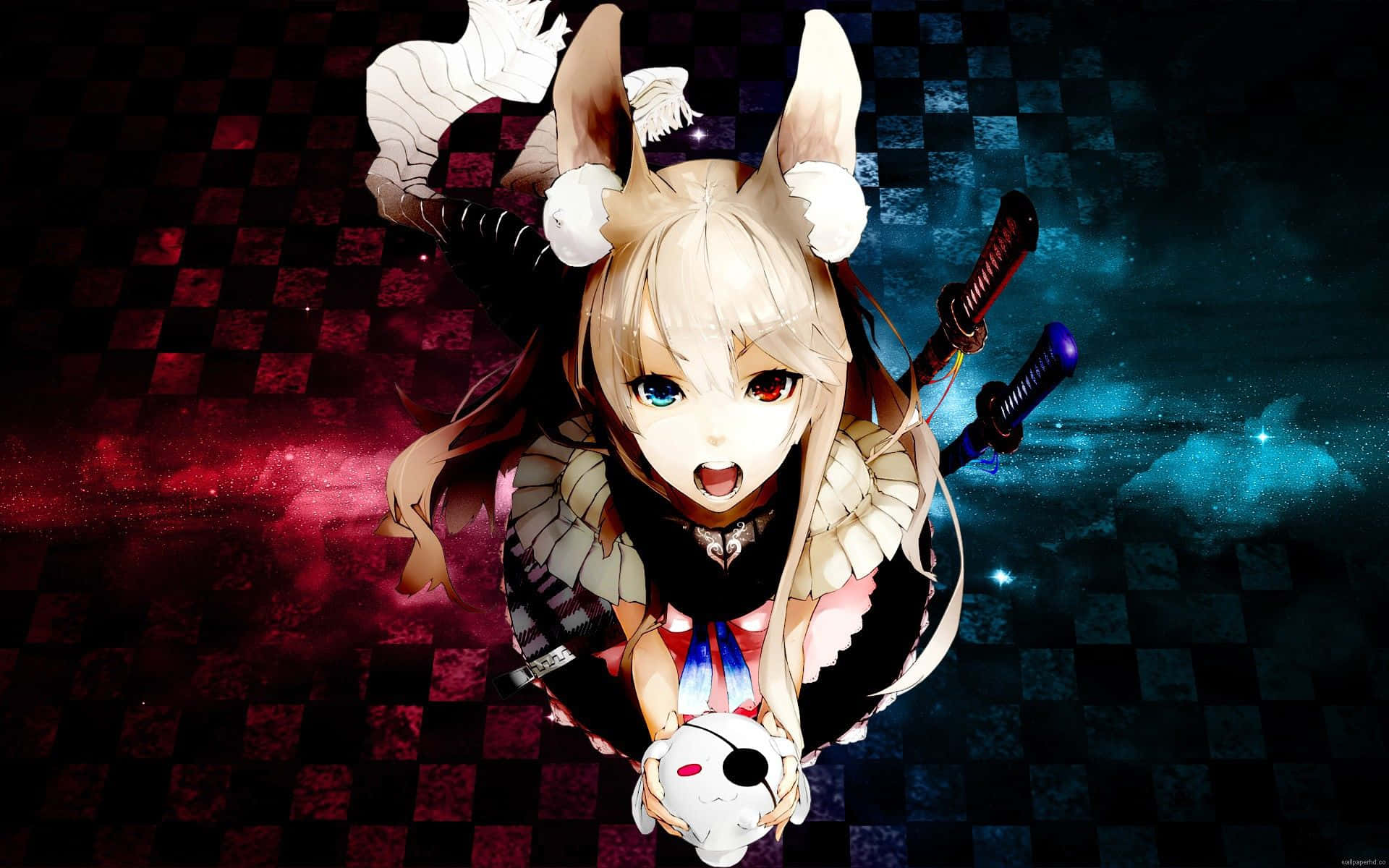 Anime Pc 桌布 壁紙 — 一個驚訝的動漫女孩，有狐狸耳朵和雙劍，在宇宙格紋背景前拿著一個頭骨。