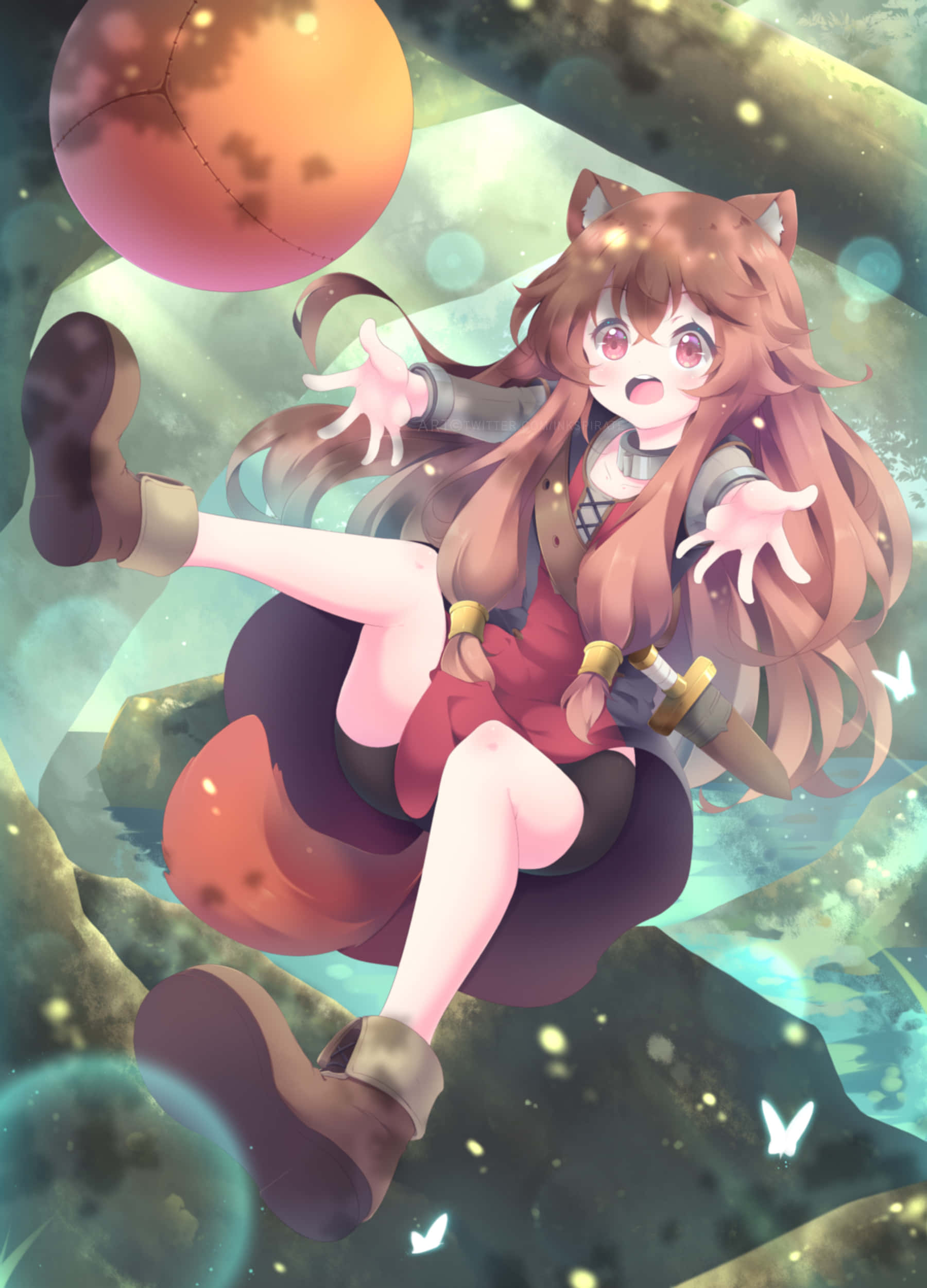 Raphtalia 桌布 壁紙 — 一個驚訝的動漫女孩，有狐狸耳朵和紅色連衣裙，在夢幻般的森林中漂浮在發光的球體和蝴蝶之間。