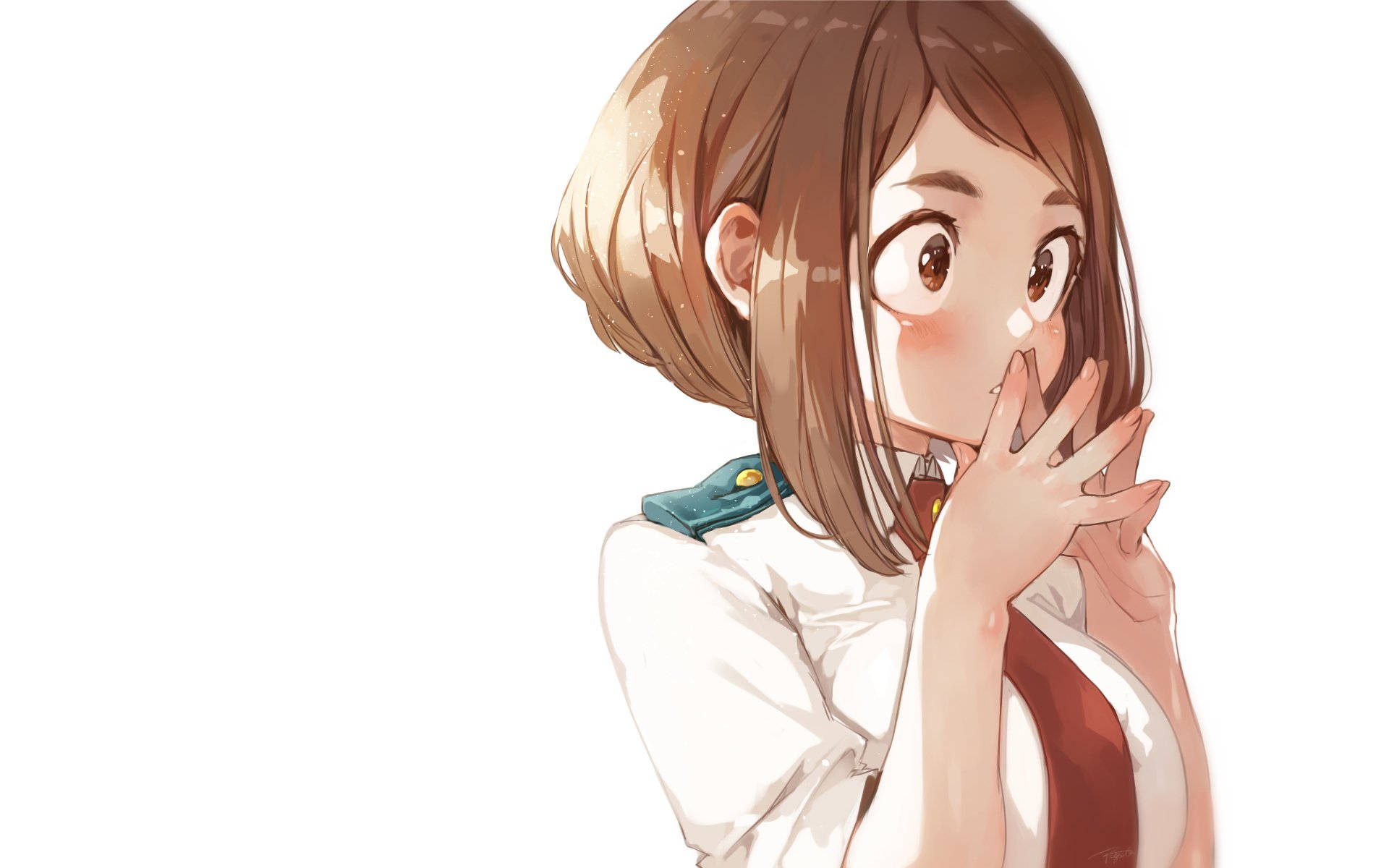 動漫女孩 桌布 壁紙 — 一個驚訝的動漫女孩，棕色頭髮，大眼睛，在純白色背景前用手捂住嘴巴。