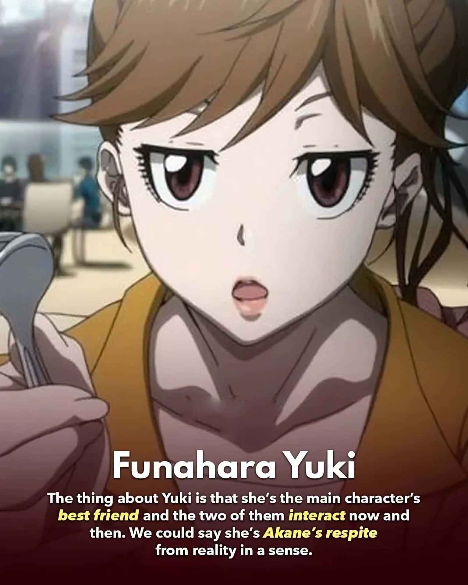 Yuki Funahara 桌布 壁紙 — 一個驚訝的動漫女孩，棕色頭髮，大眼睛，在光線明亮的咖啡館裡拿著湯匙。