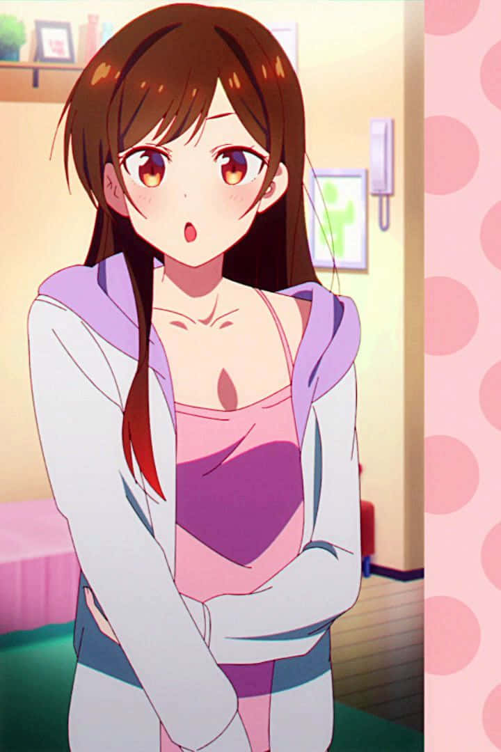 Chizuru Maihara 桌布 壁紙 — 一個驚訝的動漫女孩，棕色頭髮和橙色眼睛，穿著粉紫色連帽衫，站在舒適的房間裡。