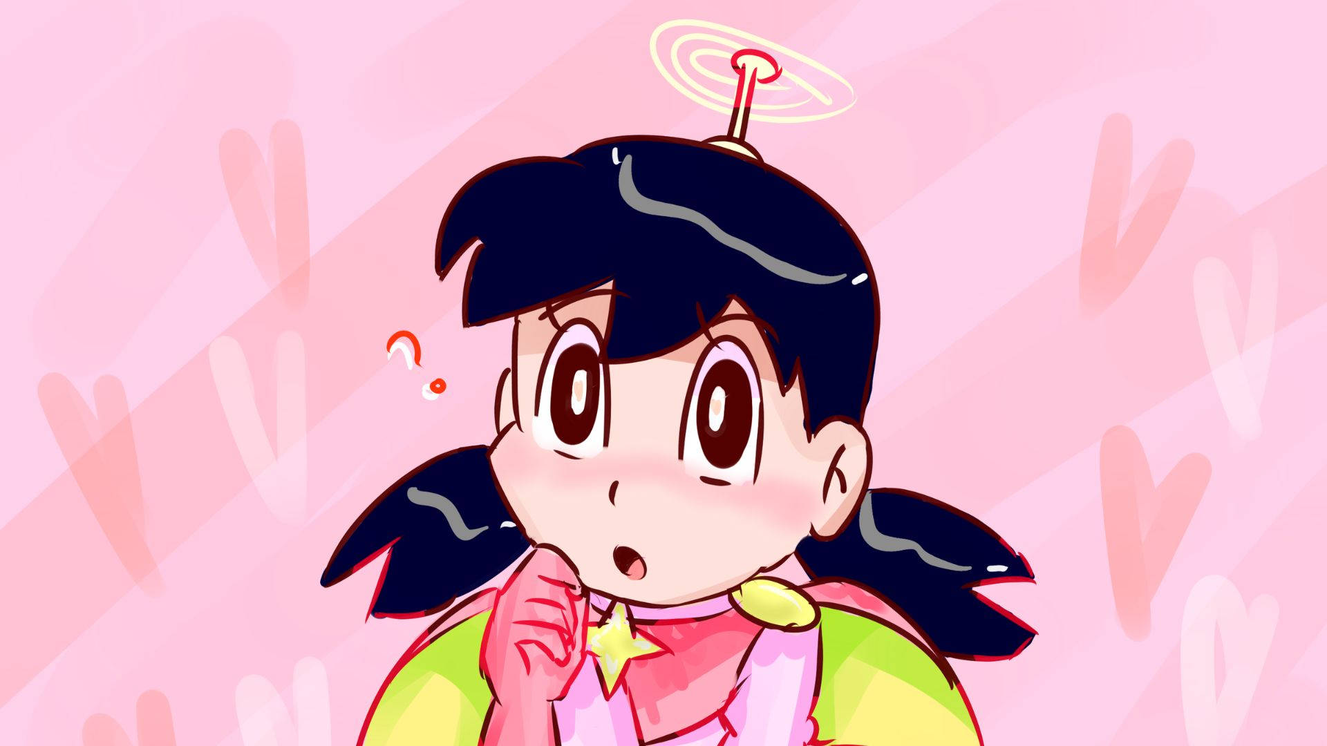 少女風 桌布 壁紙 — 一個驚訝的動漫女孩，深色雙馬尾和光環天線，在粉紅色背景上抬頭看著漂浮的心形。