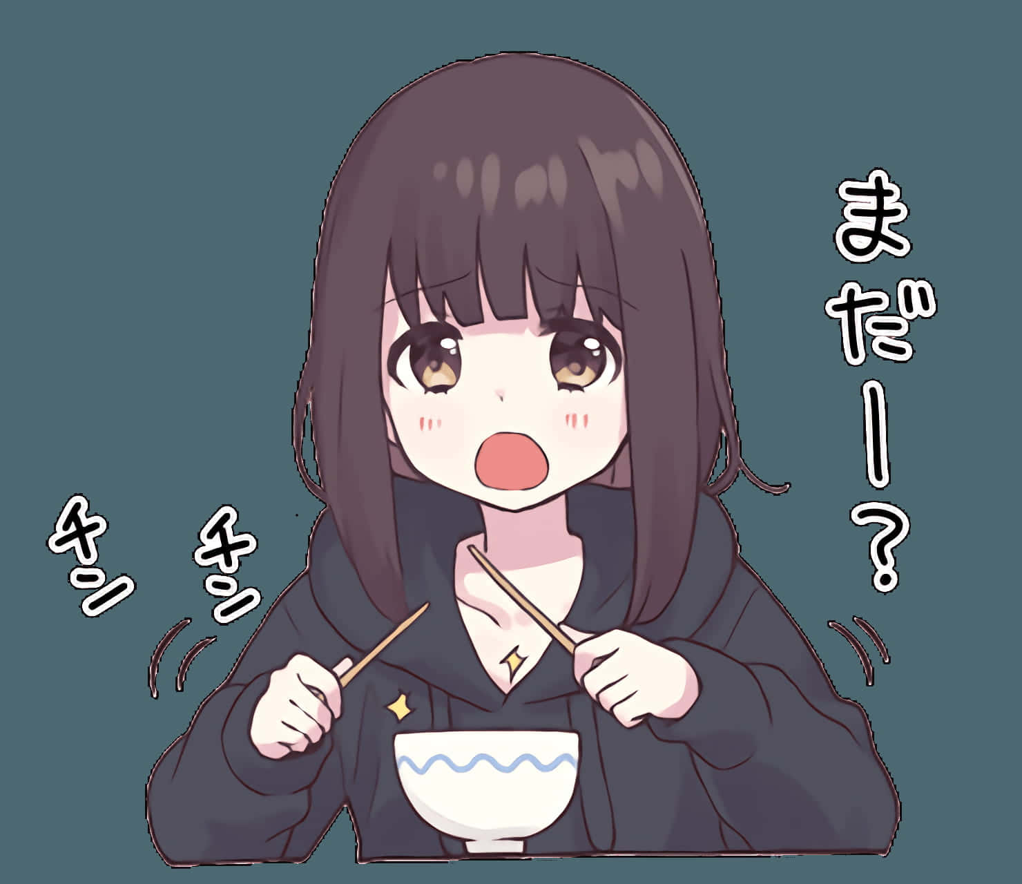 Menhera Chan 桌布 壁紙 — 一個驚訝的動漫女孩，深色頭髮，在青綠色背景前用筷子舉著一碗湯。