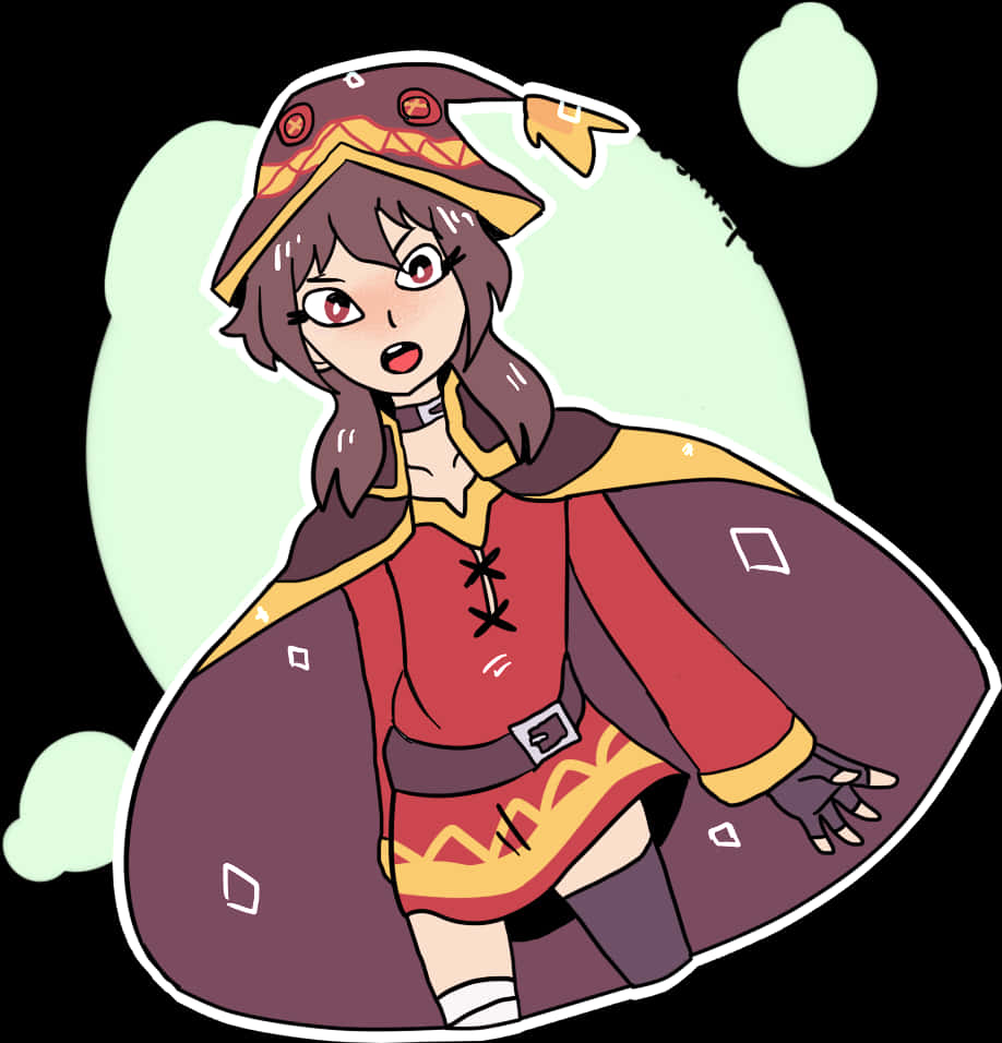 Megumin 桌布 壁紙 — 一個驚訝的動漫女孩，穿著紅紫色服裝，戴著圖案帽子，站在淺綠色圓形背景前。