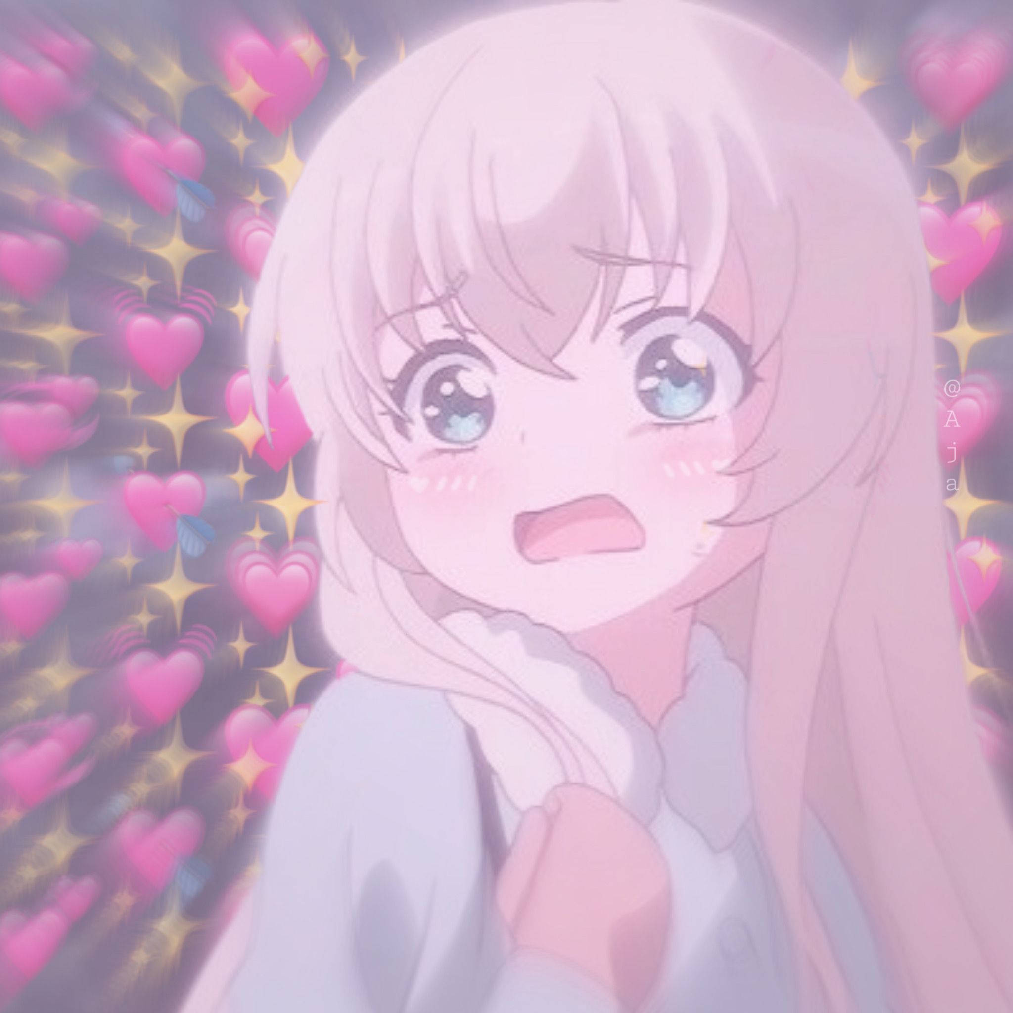 Aesthetic Anime Pfp 桌布 壁紙 — 一個驚訝的動漫女孩，粉紅色頭髮和藍色眼睛，被發光的粉紅色心形和閃光包圍。