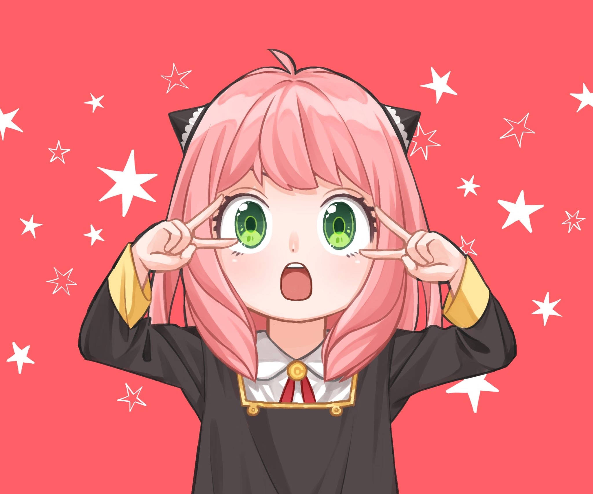 Anya Forger 桌布 壁紙 — 一個驚訝的動漫女孩，粉紅色頭髮和貓耳朵，在粉紅色星星背景下睜大眼睛。