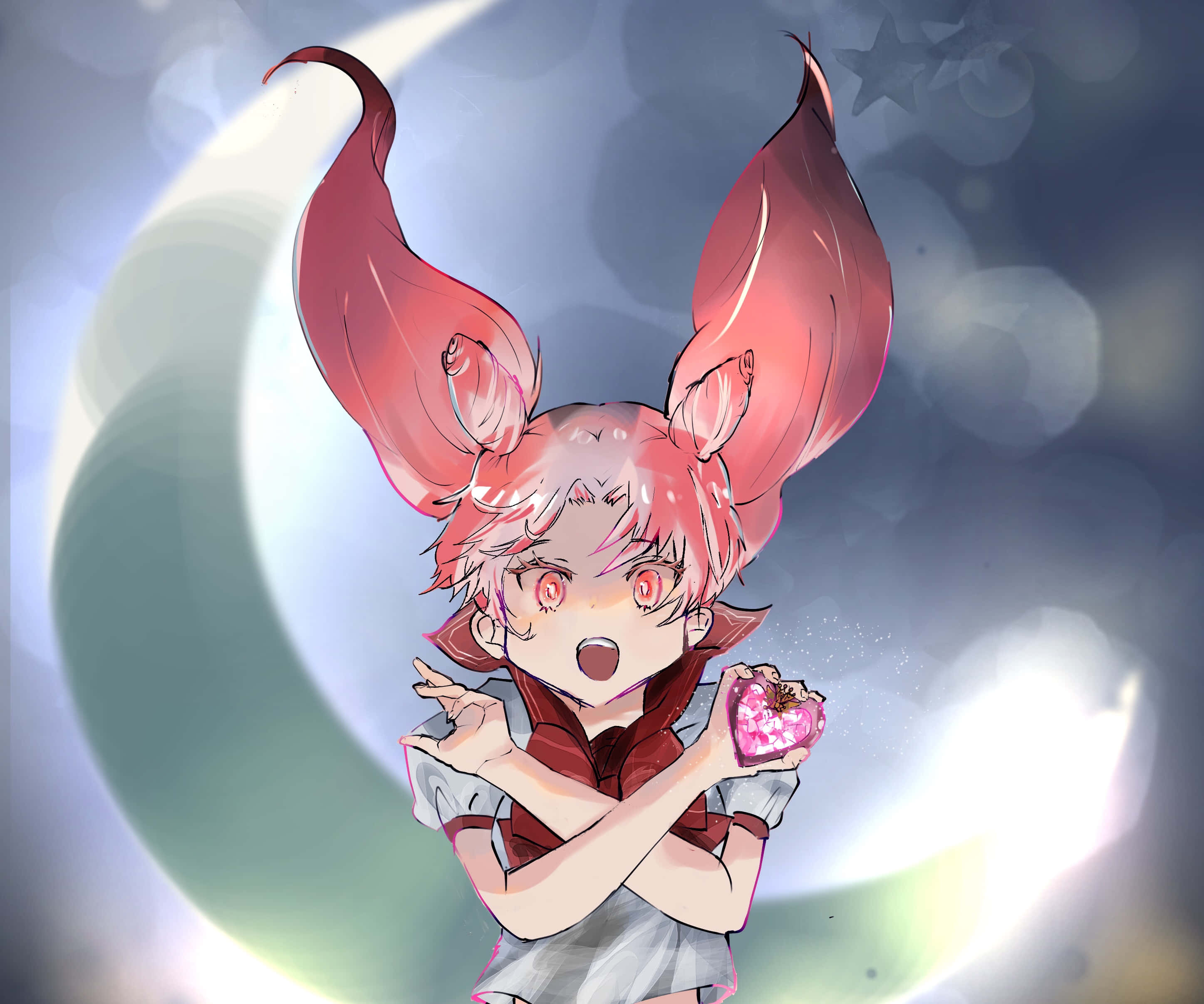 美少女戰士 桌布 壁紙 — 一個驚訝的動漫女孩，粉紅色頭髮和耳朵，在彎月背景下拿著發光的粉紅色心形。