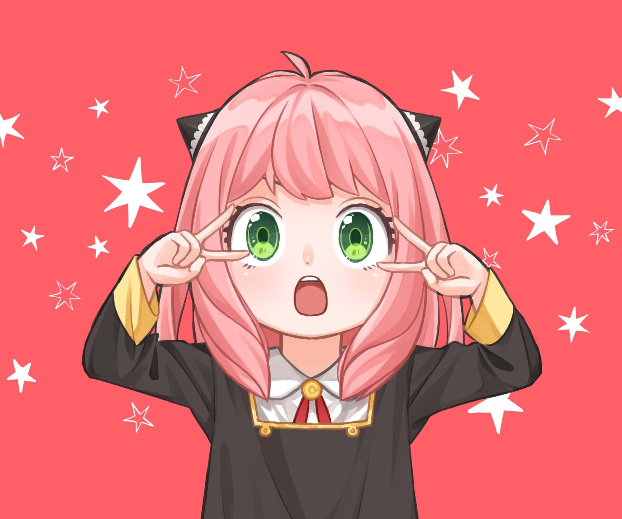 Anya 桌布 壁紙 — 一個驚訝的動漫女孩，粉紅色頭髮和貓耳朵，在粉紅色星空背景下睜大眼睛。