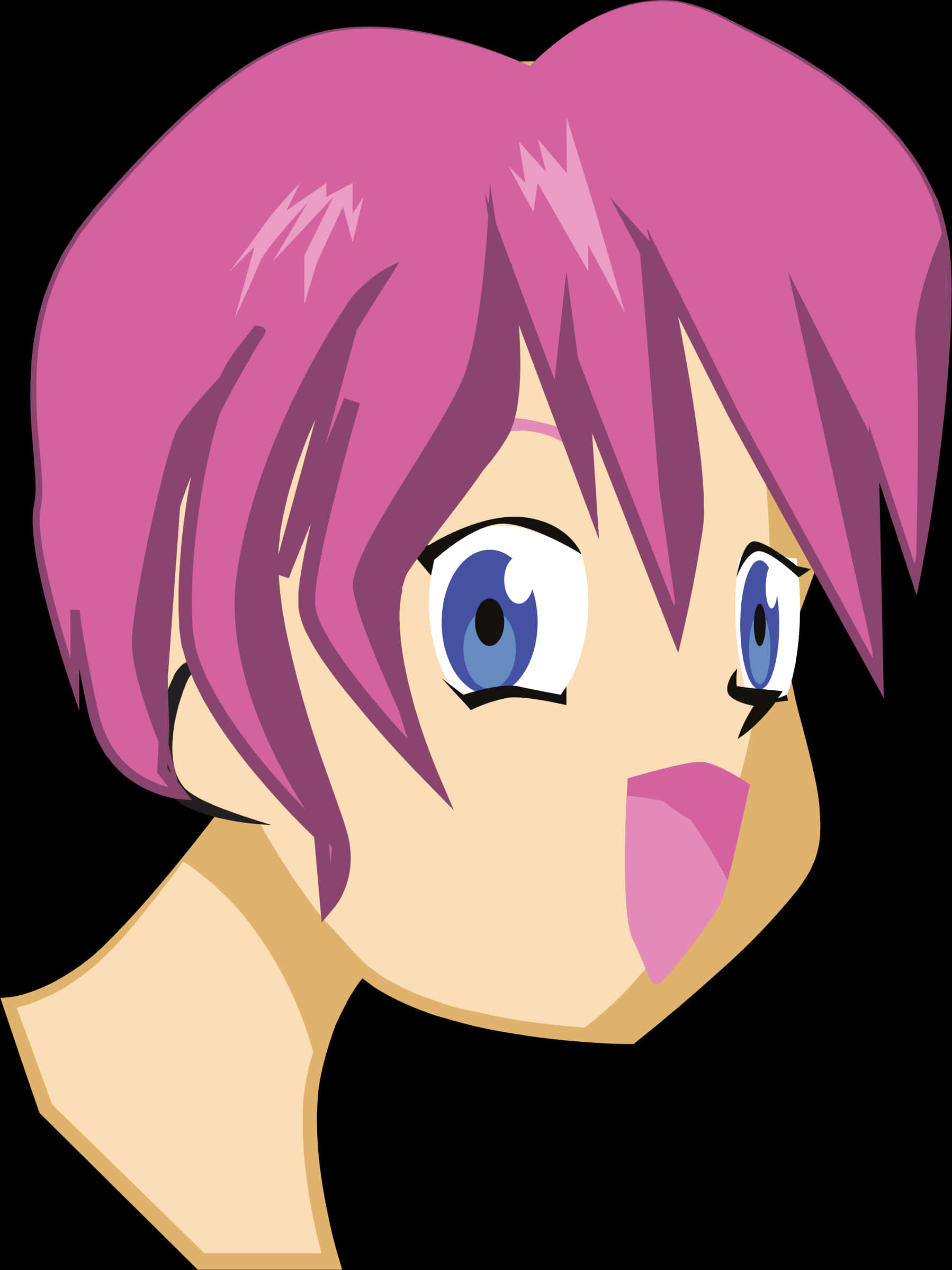 動漫男孩 桌布 壁紙 — 一個驚訝的動漫女孩，粉紅色頭髮和藍色眼睛，在黑色背景下睜大眼睛凝視。