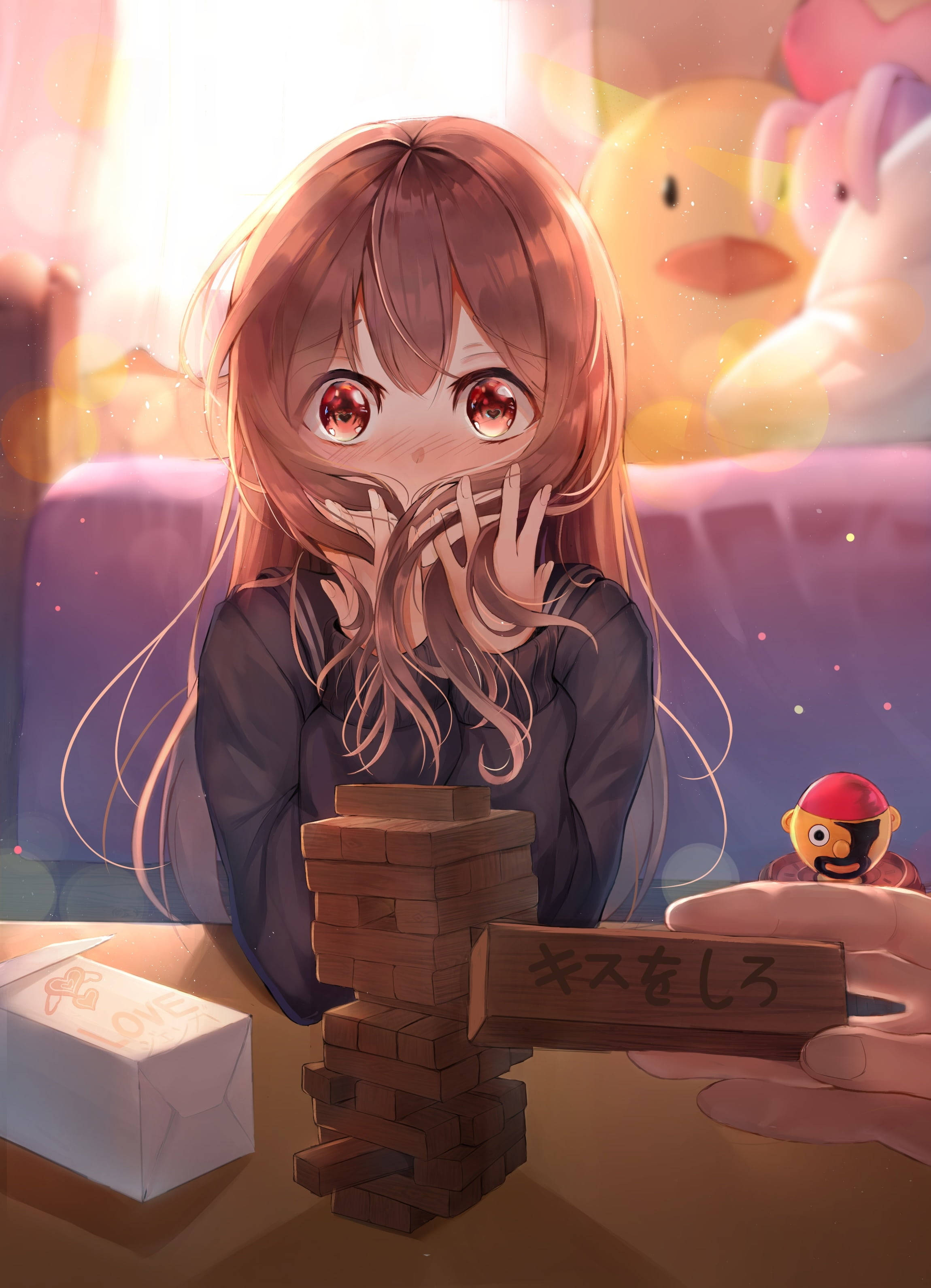 動漫女孩 桌布 壁紙 — 一個驚訝的動漫女孩，紅色的眼睛，雙手遮住臉，一隻手放著有日文文字的積木。