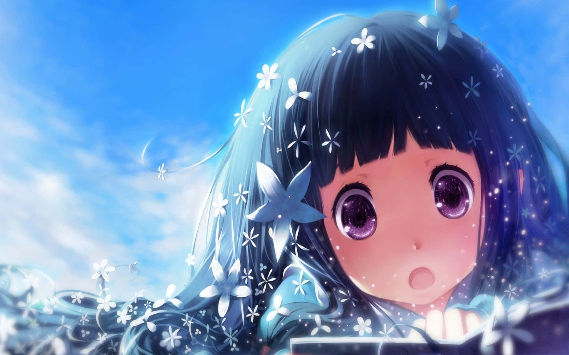 Epic Anime 桌布 壁紙 — 一個驚訝的動漫女孩，紫色眼睛，深色頭髮，點綴著發光的白色花朵，背景是明亮的藍天。