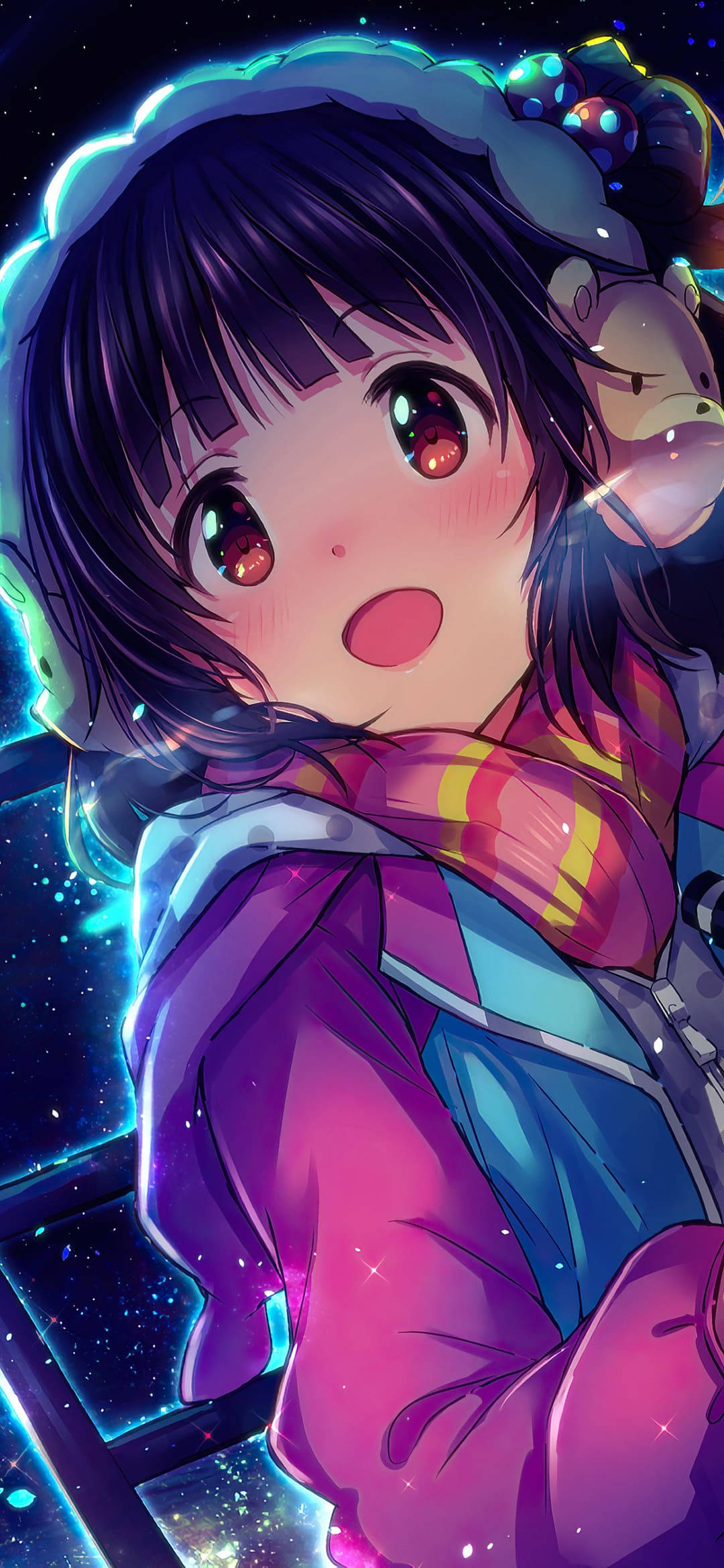 Anime Girl Phone 桌布 壁紙 — 一個驚訝的動漫女孩，紫色頭髮和發光的眼睛，戴著冬季帽子、圍巾和夾克，背景是閃爍的宇宙。