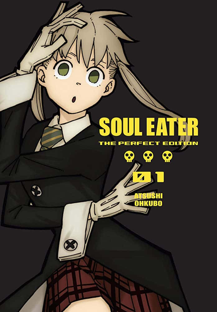Soul Eater 桌布 壁紙 — 一個驚訝的動漫女孩，綠色眼睛，金色頭髮，穿著校服，背景黑暗。
