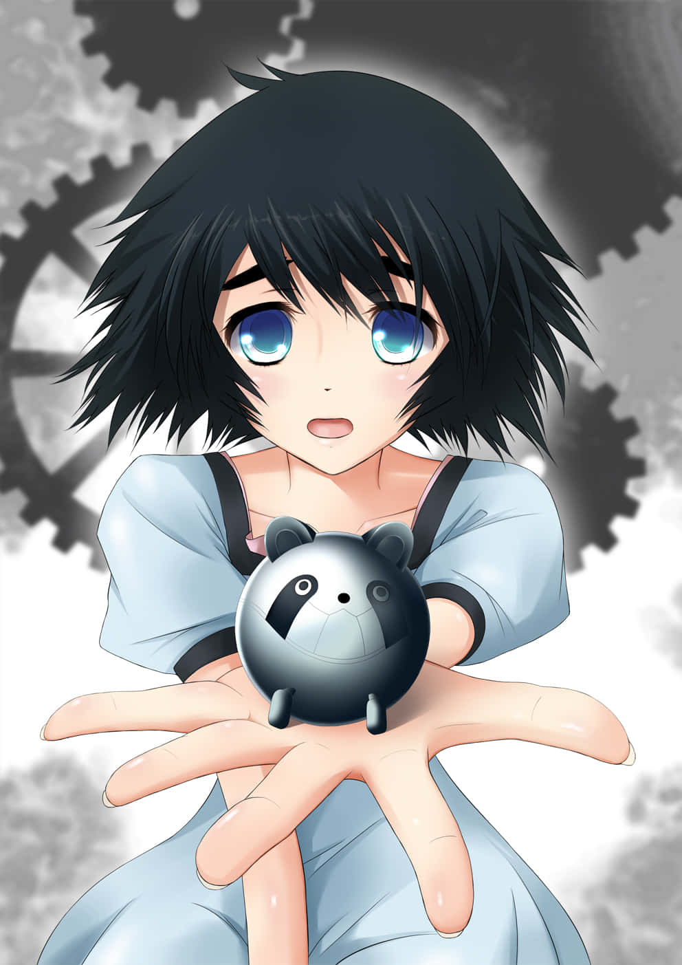 Mayuri Shiina 桌布 壁紙 — 一個驚訝的動漫女孩，藍色眼睛，抱著一個小熊貓機器人，背景是大型機械齒輪。