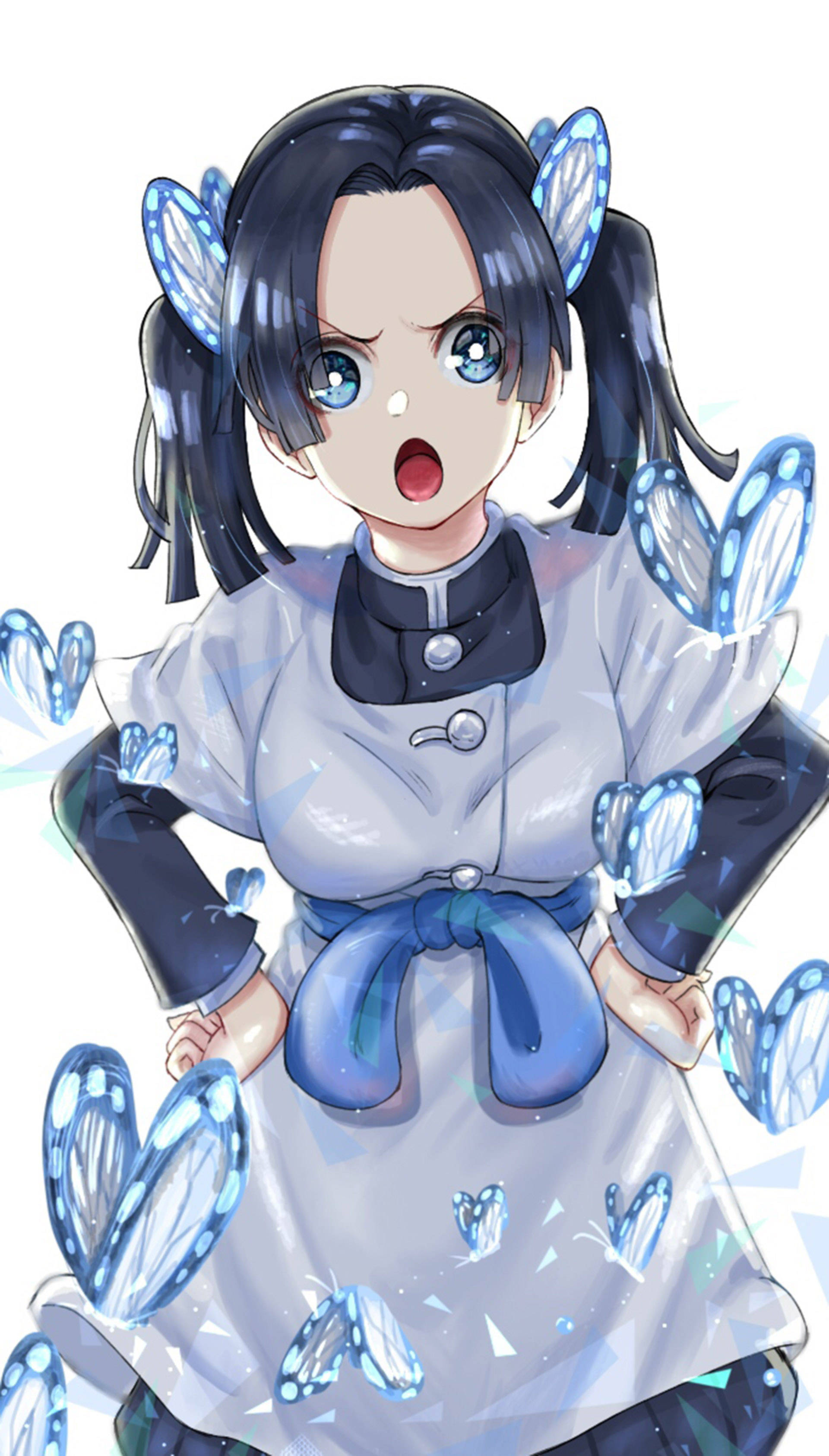 aoi kanzaki 桌布 壁紙 — 一個驚訝的動漫女孩，藍色眼睛和深色雙馬尾，被發光的藍色蝴蝶狀粒子包圍。