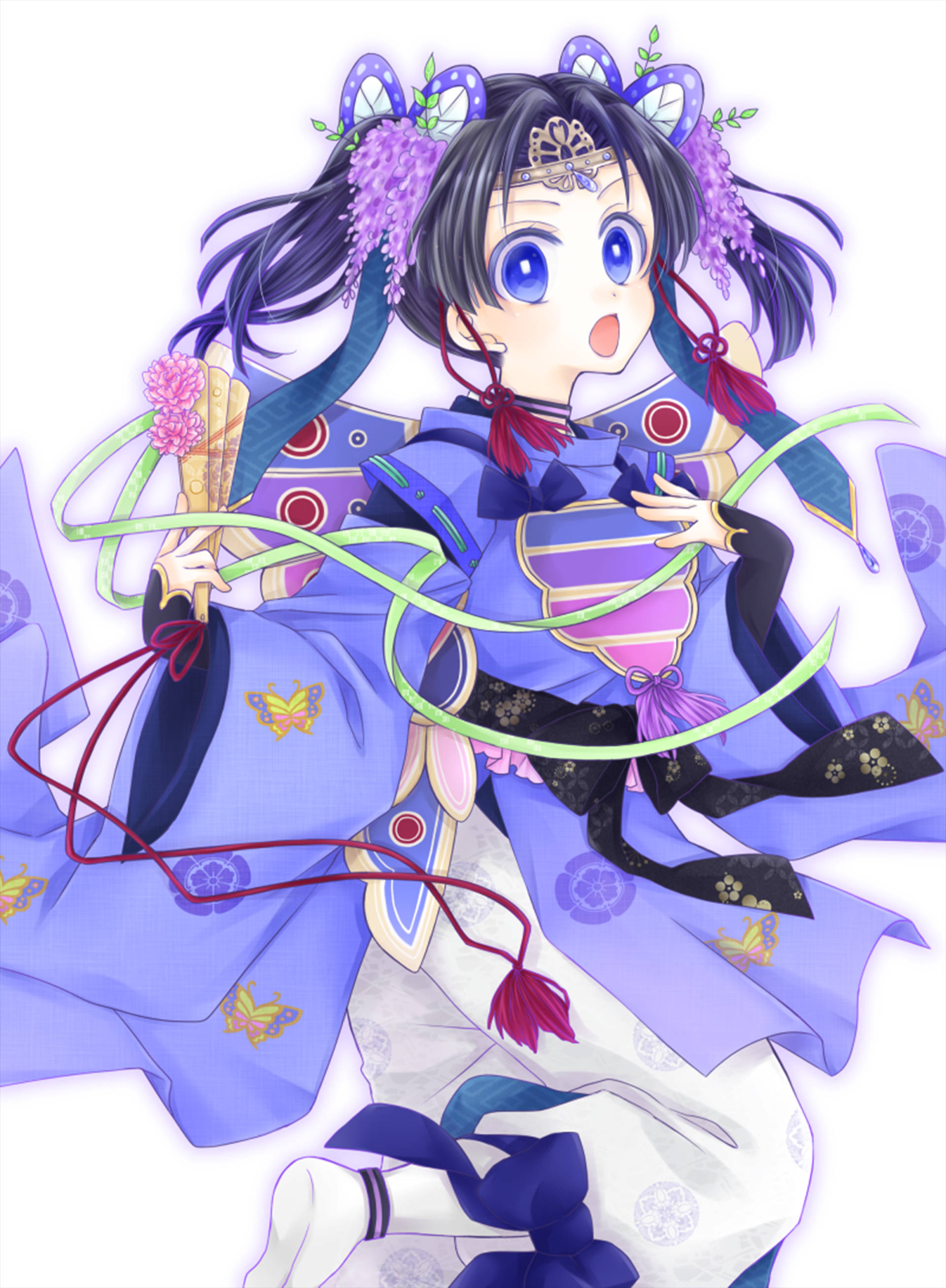 aoi kanzaki 桌布 壁紙 — 一個驚訝的動漫女孩，藍色眼睛和紫色頭髮飾品，穿著帶有蝴蝶圖案的飄逸藍色和服，手持扇子。