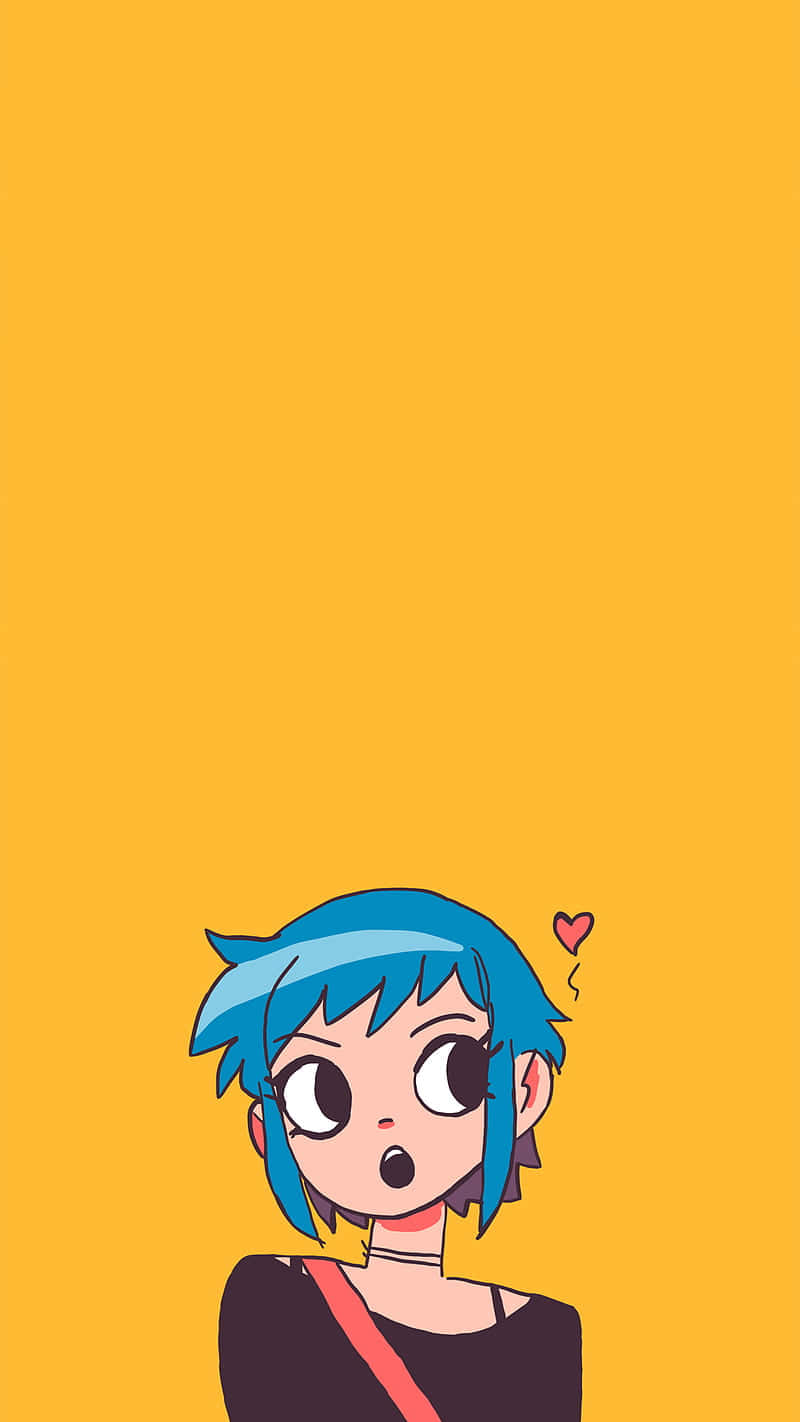 scott pilgrim 桌布 壁紙 — 一個驚訝的動漫女孩，藍色頭髮，一個紅色心形漂浮在她頭附近，背景是純黃色。