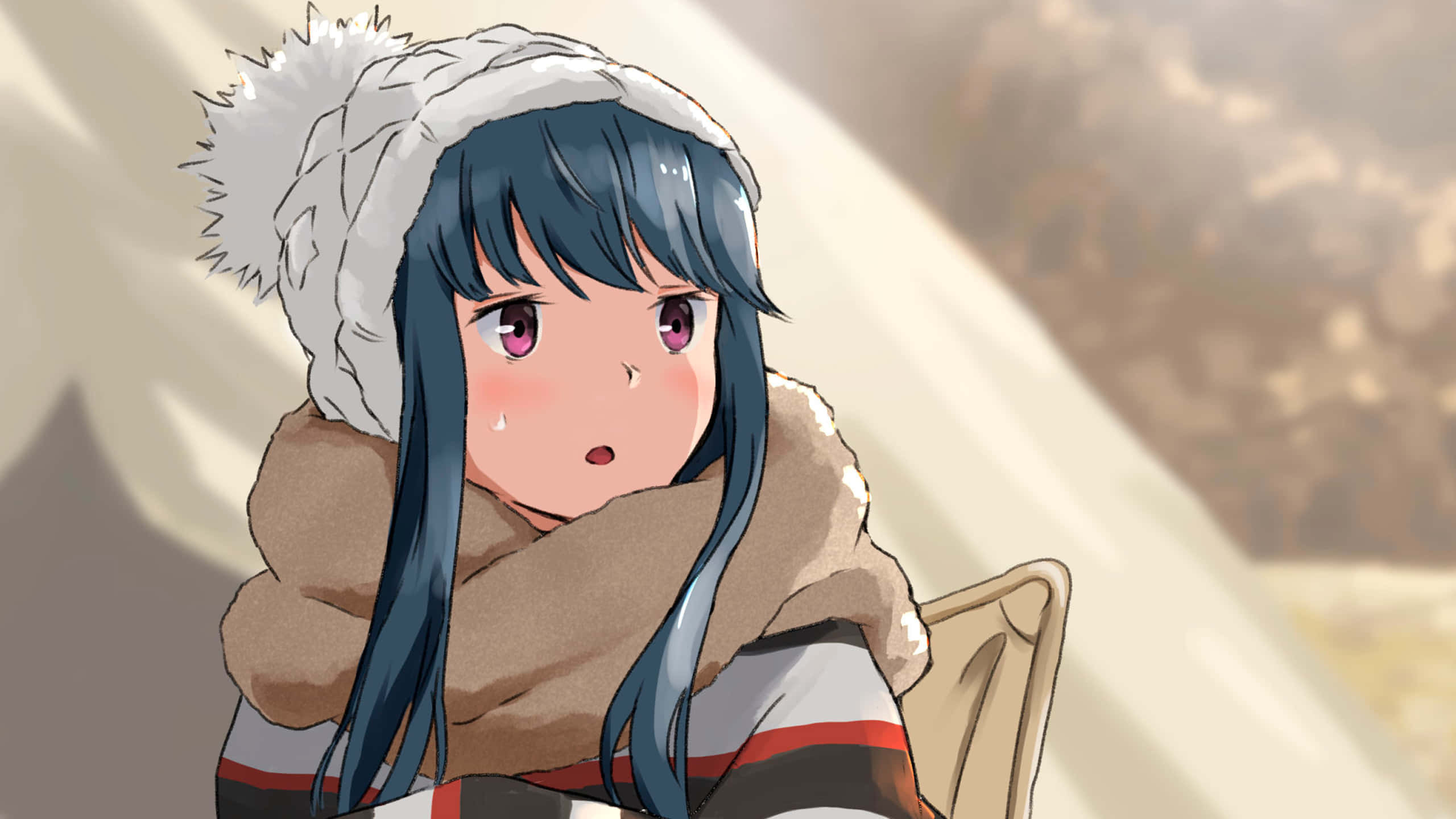 Laid Back Camp 桌布 壁紙 — 一個驚訝的動漫女孩，藍色頭髮，戴著白色毛帽，從窗戶望向雪景。