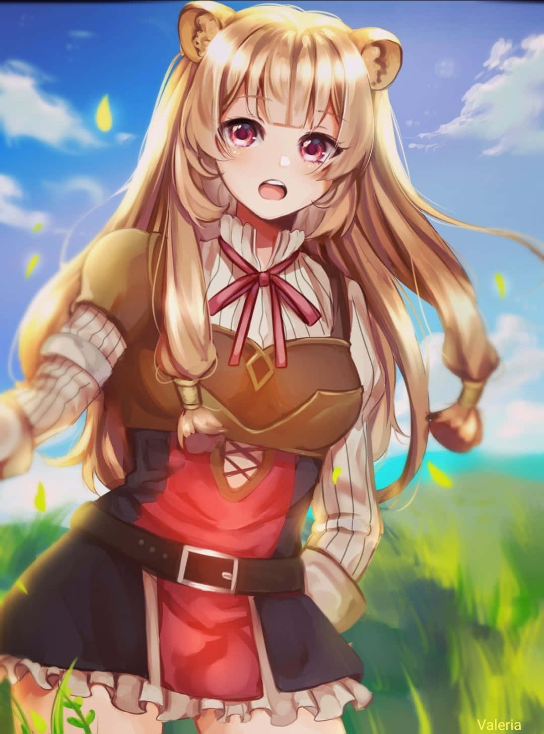 Raphtalia 桌布 壁紙 — 一個驚訝的動漫女孩，金髮和熊耳朵，站在陽光明媚的草地上，藍天下有漂浮的黃葉。