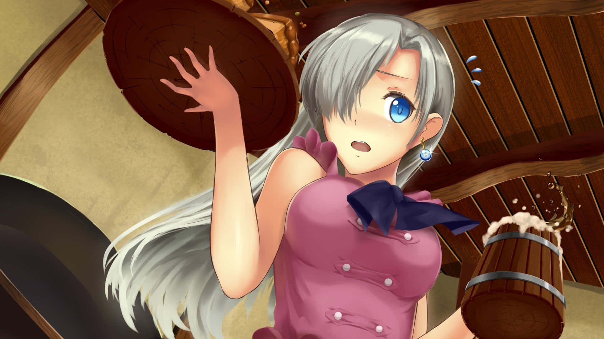 Seven Deadly Sins Elizabeth Liones 桌布 壁紙 — 一個驚訝的動漫女孩，銀色頭髮和藍色眼睛，拿著木蓋，啤酒從附近的桶中溢出。