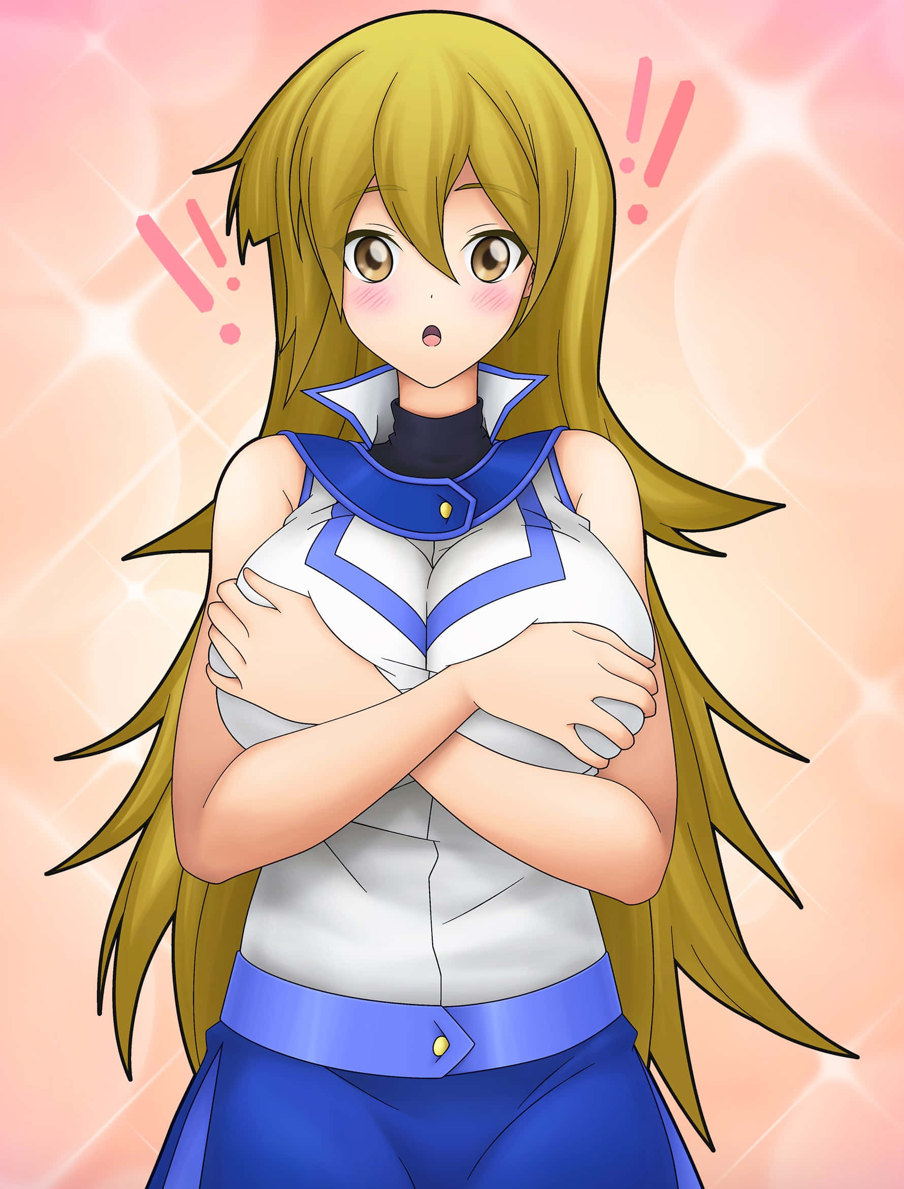 Alexis Rhodes 桌布 壁紙 — 一個驚訝的動漫女孩，長長的金色頭髮和藍色服裝，雙手交叉站在閃閃發光的粉紅色背景前。